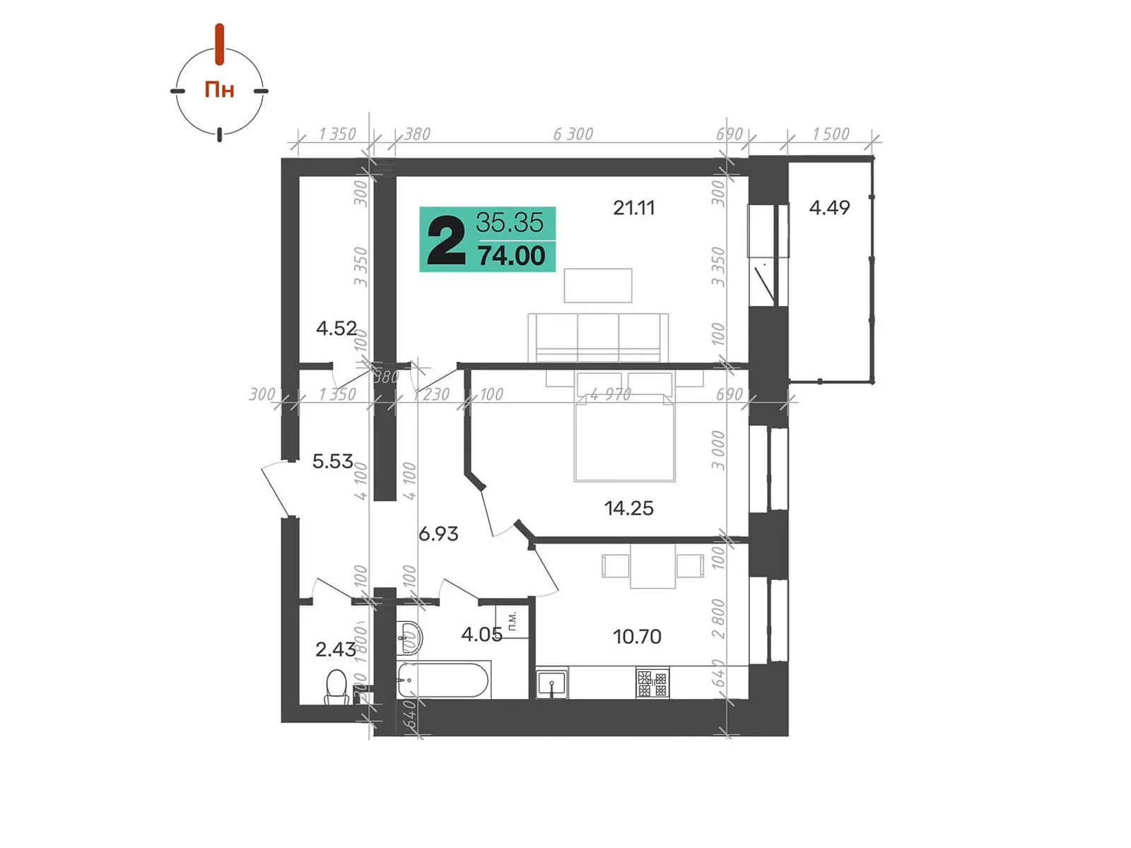 Продается 2-комнатная квартира 74 кв. м в Полтаве, цена: 59416 $ - фото 1