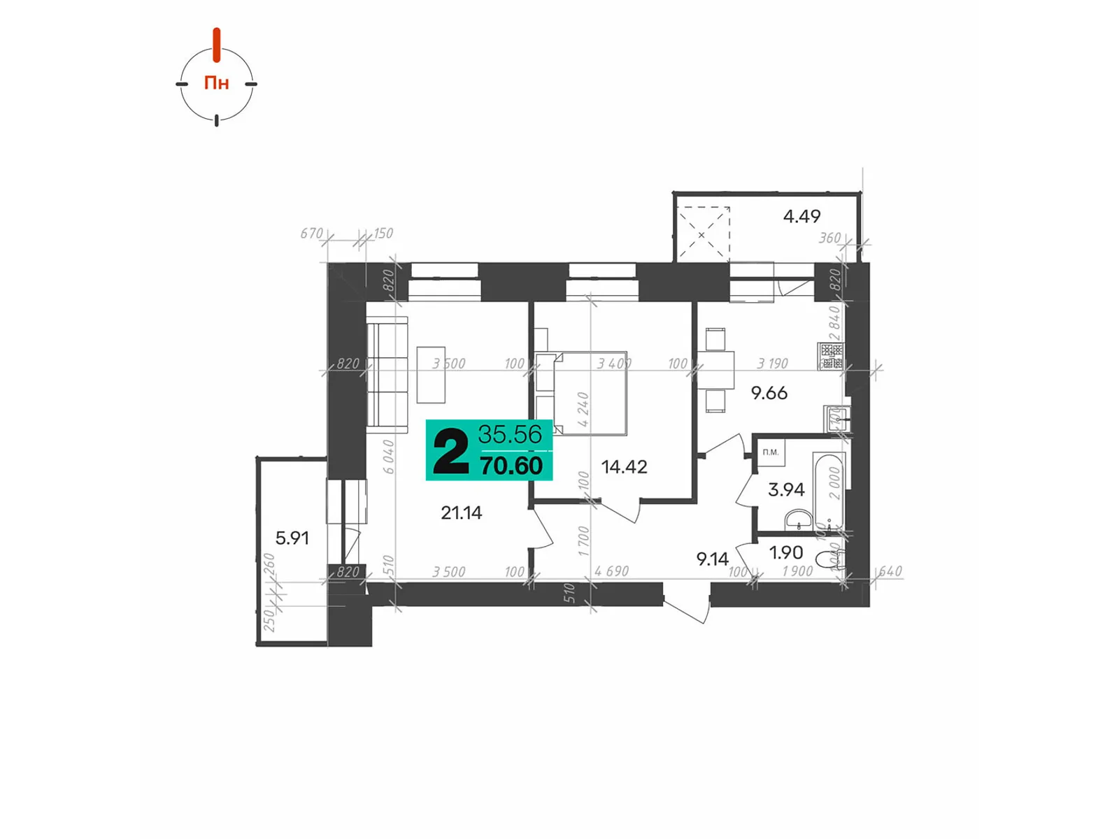 Продається 2-кімнатна квартира 74.05 кв. м у Полтаві, цена: 61314 $ - фото 1