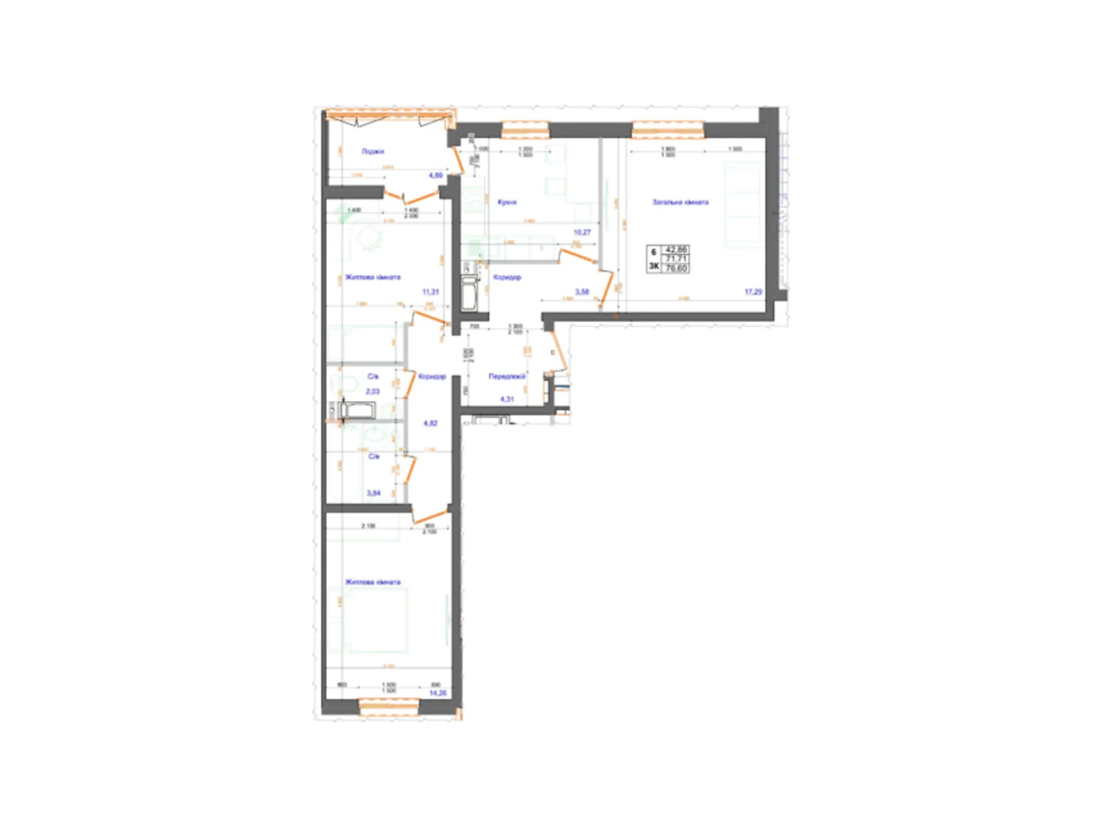 Продается 3-комнатная квартира 76.6 кв. м в, цена: 59700 $ - фото 1