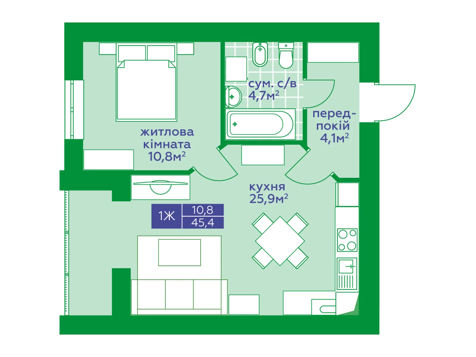 Продается 1-комнатная квартира 46.1 кв. м в Обухове, цена: 37632 $ - фото 1