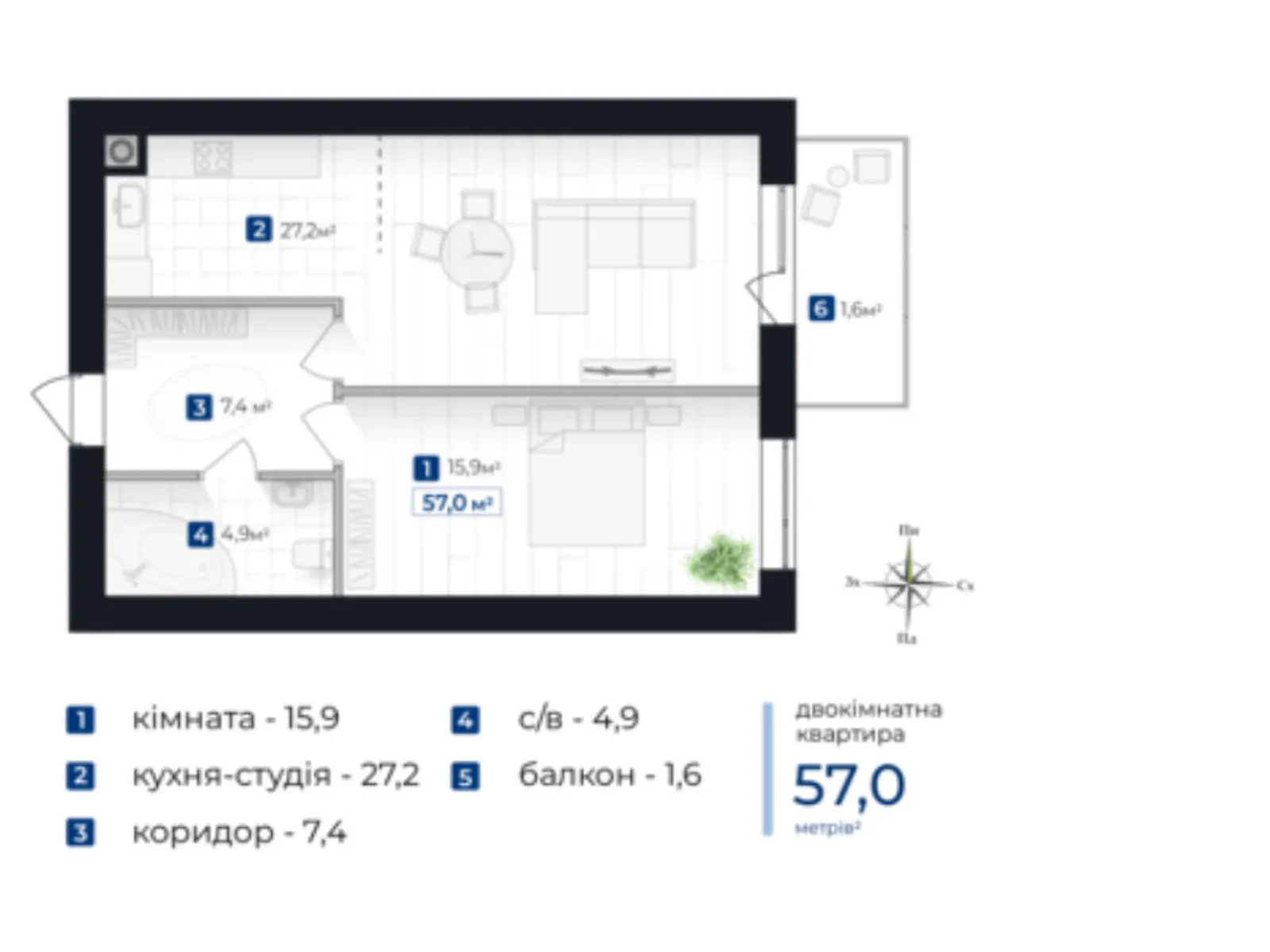 Продается 1-комнатная квартира 57 кв. м в Ивано-Франковске, цена: 49590 $ - фото 1