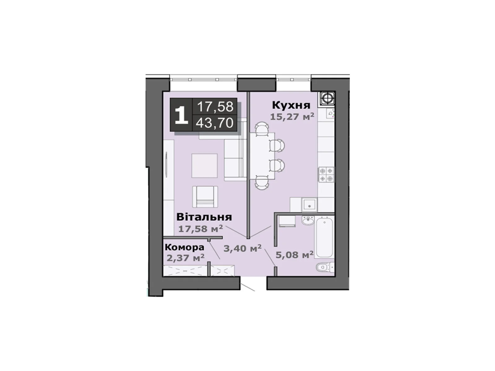 Продается 1-комнатная квартира 43.7 кв. м в Липинах, цена: 37580 $ - фото 1