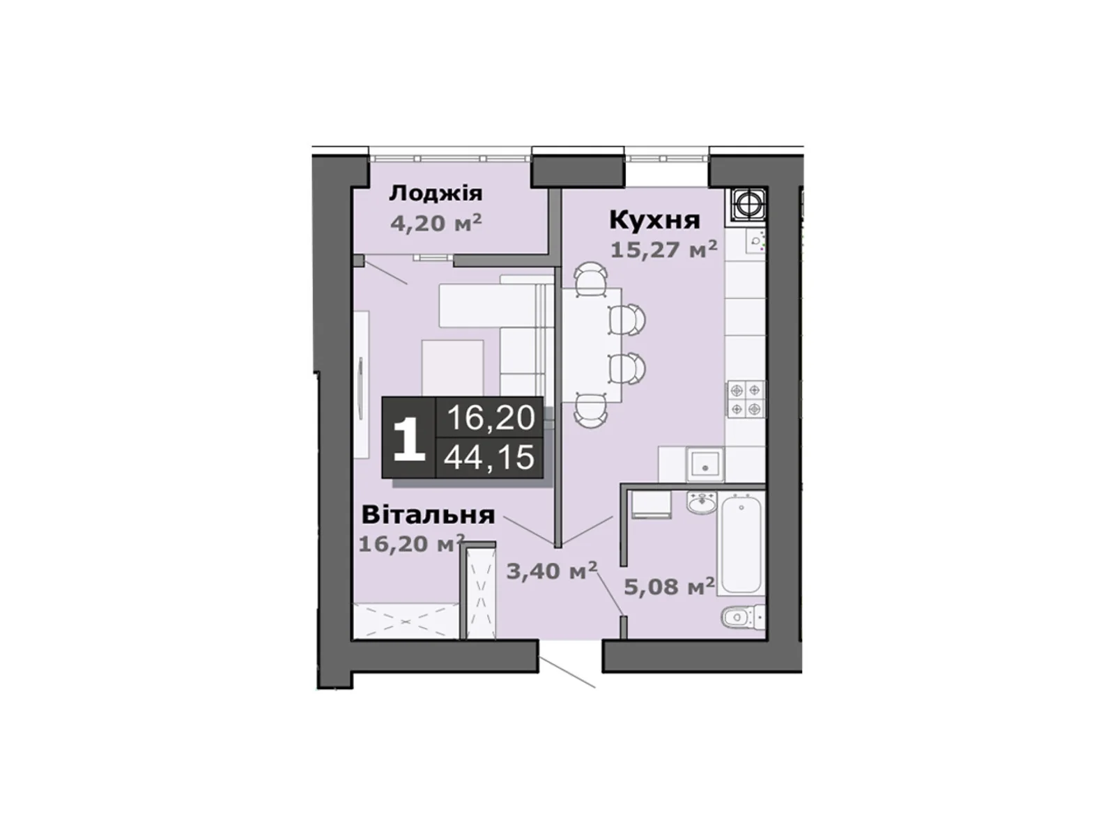 Продается 1-комнатная квартира 44.15 кв. м в Липинах, ул. Теремновская, 102-102А - фото 1