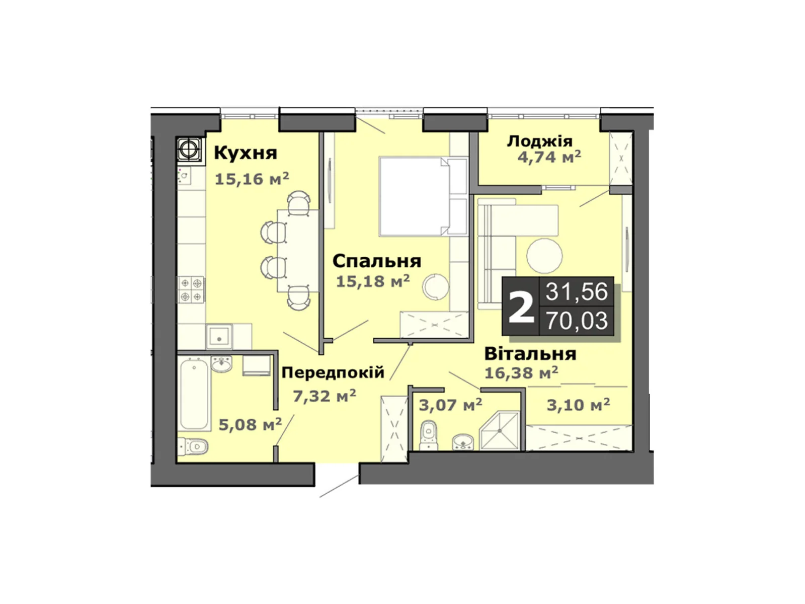 Продається 2-кімнатна квартира 70.03 кв. м у Липинах, вул. Теремнівська, 102-102А - фото 1
