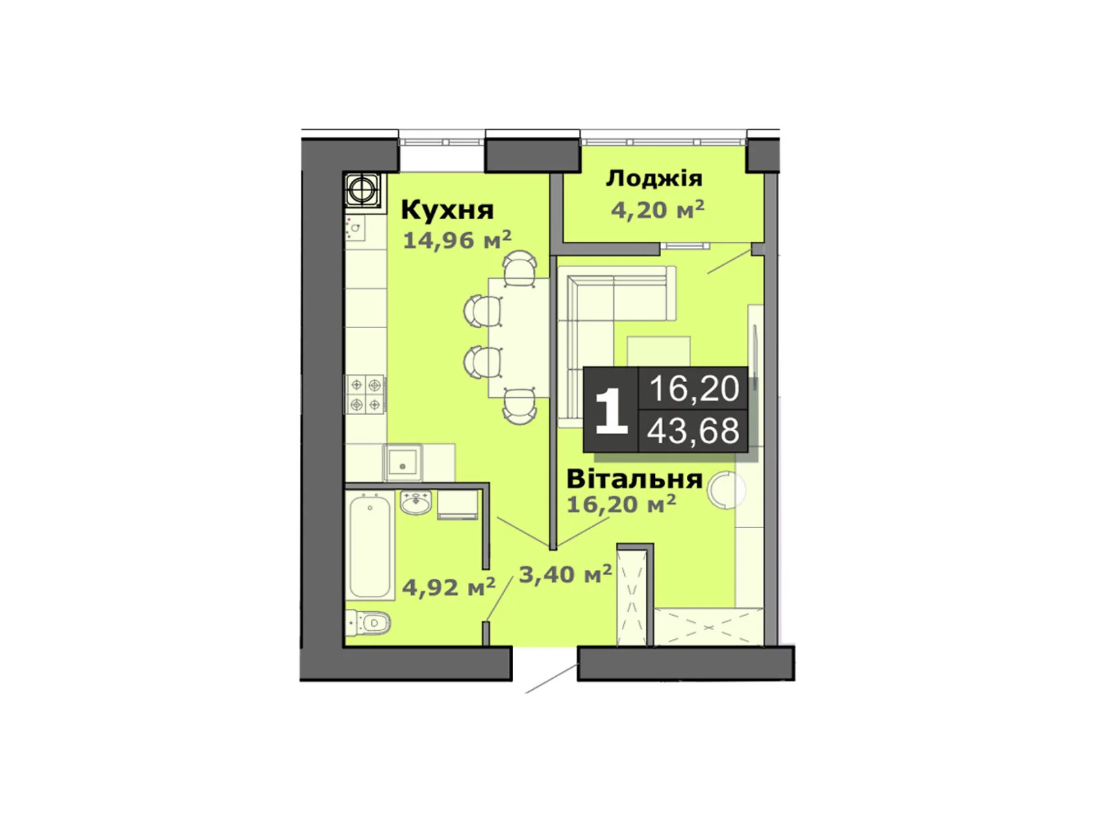 Продается 1-комнатная квартира 43.68 кв. м в Липинах, ул. Теремновская, 102-102А - фото 1