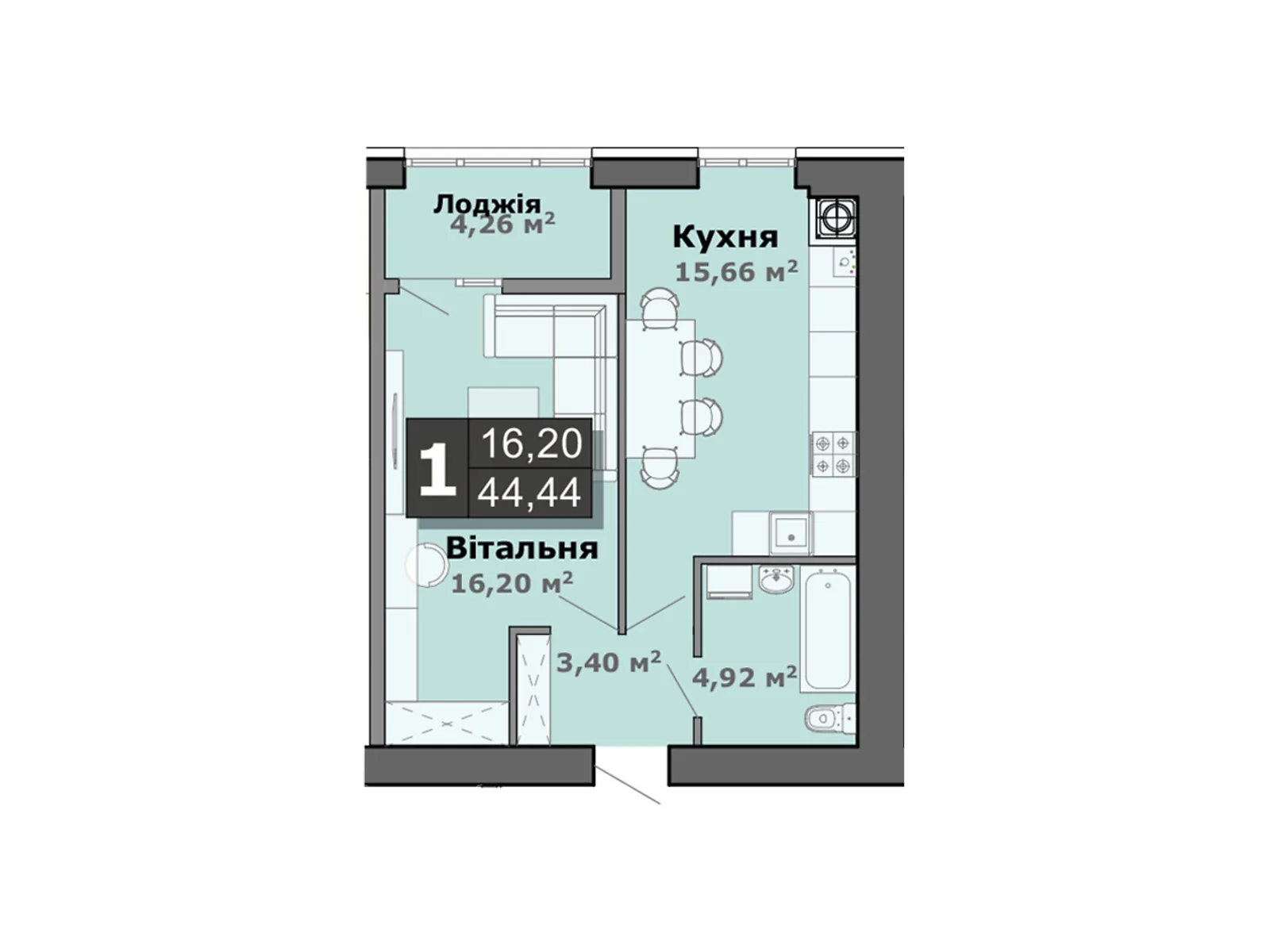 Продается 1-комнатная квартира 44.44 кв. м в Липинах, ул. Теремновская, 102-102А - фото 1