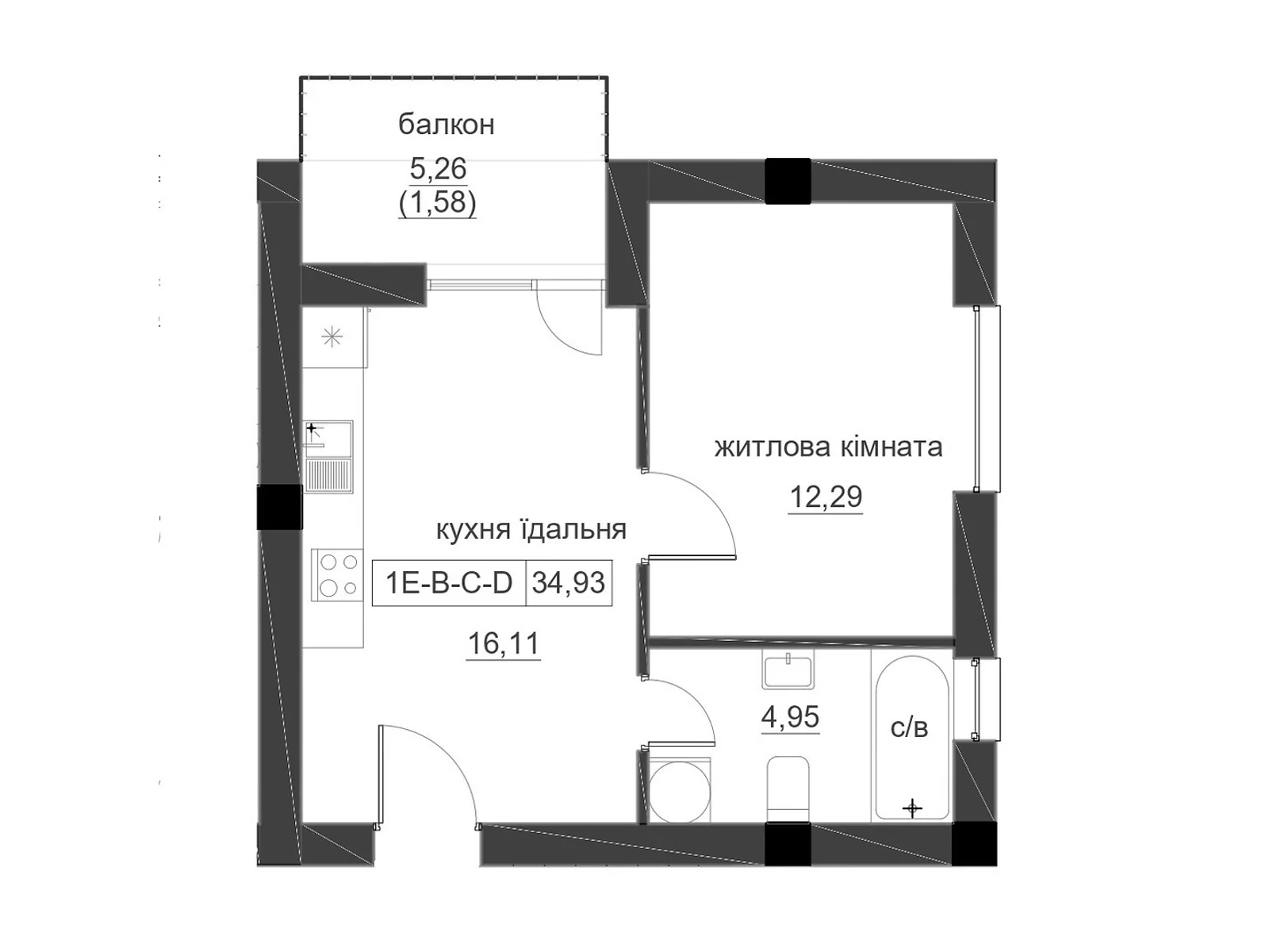 Продается 1-комнатная квартира 34.93 кв. м в Ужгороде, ул. Василия Гаджеги(Радищева), 1 - фото 1
