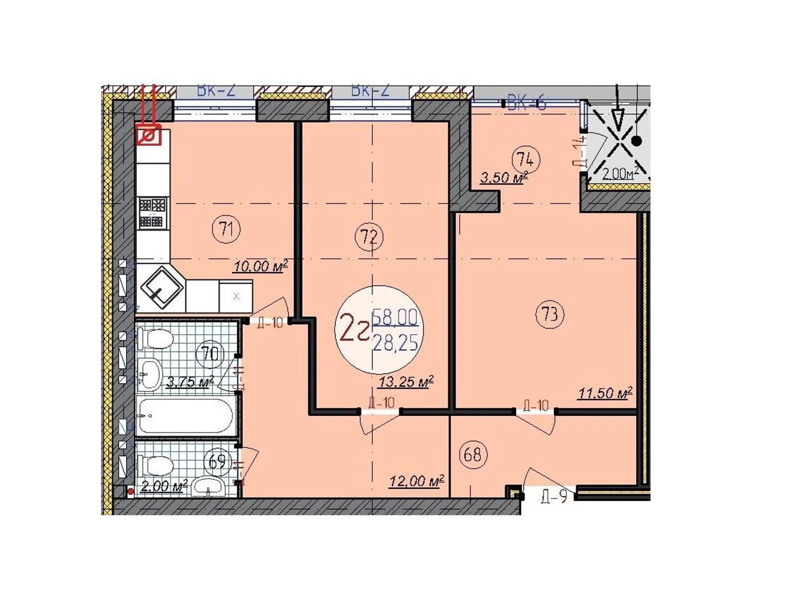 Продается 2-комнатная квартира 58 кв. м в, цена: 45738 $ - фото 1