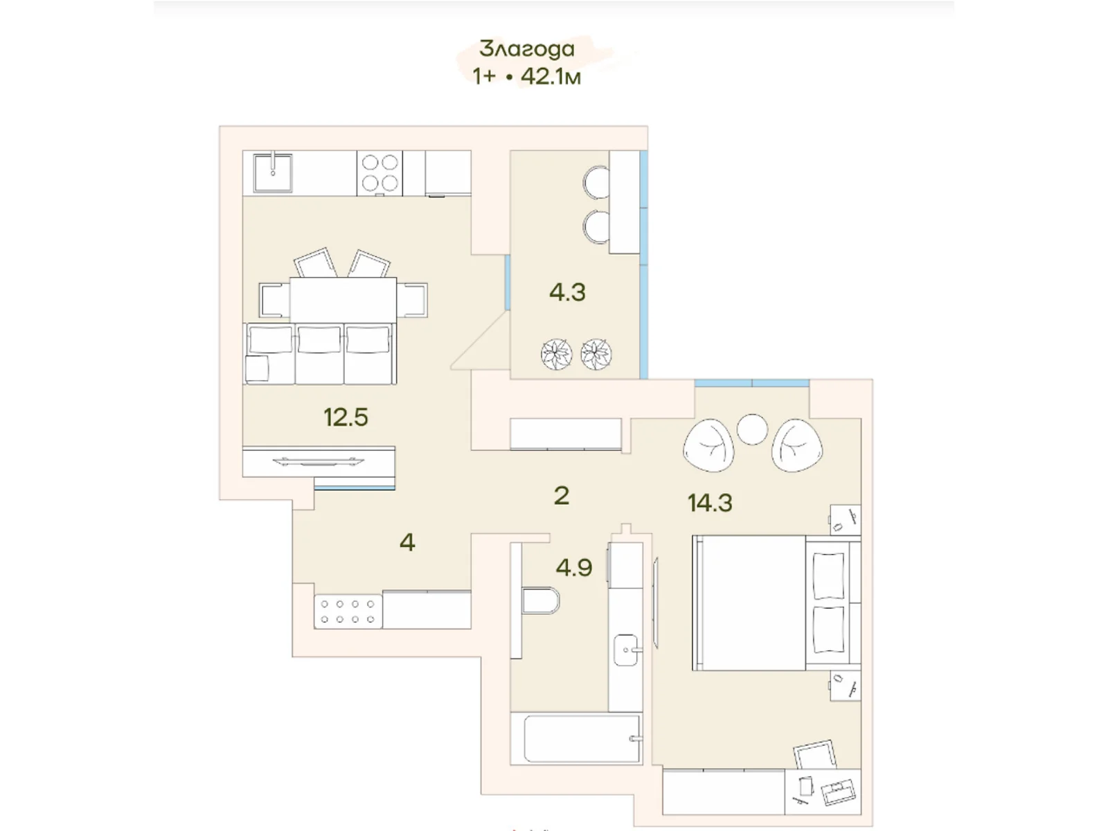 1-кімнатна квартира 42.7 кв. м у Луцьку, цена: 43898 $ - фото 1