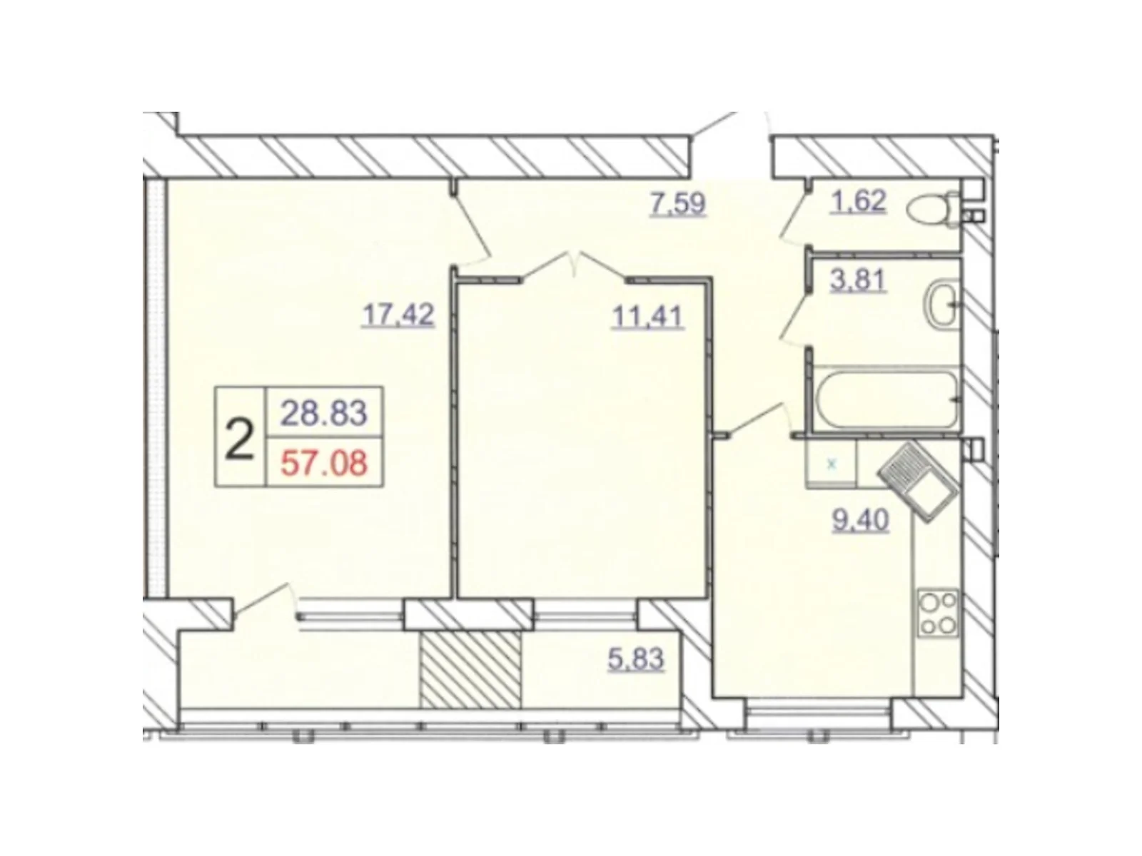 Продається 2-кімнатна квартира 58.15 кв. м у Хмельницькому, цена: 40705 $ - фото 1