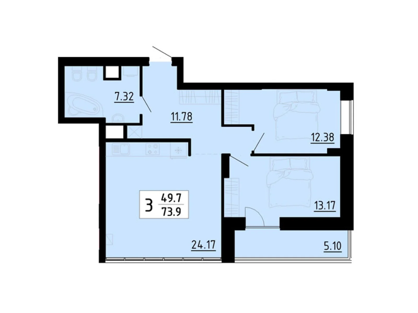 3-кімнатна квартира 70.9 кв. м у Тернополі, вул. Бічна Енергетична, 5 - фото 1