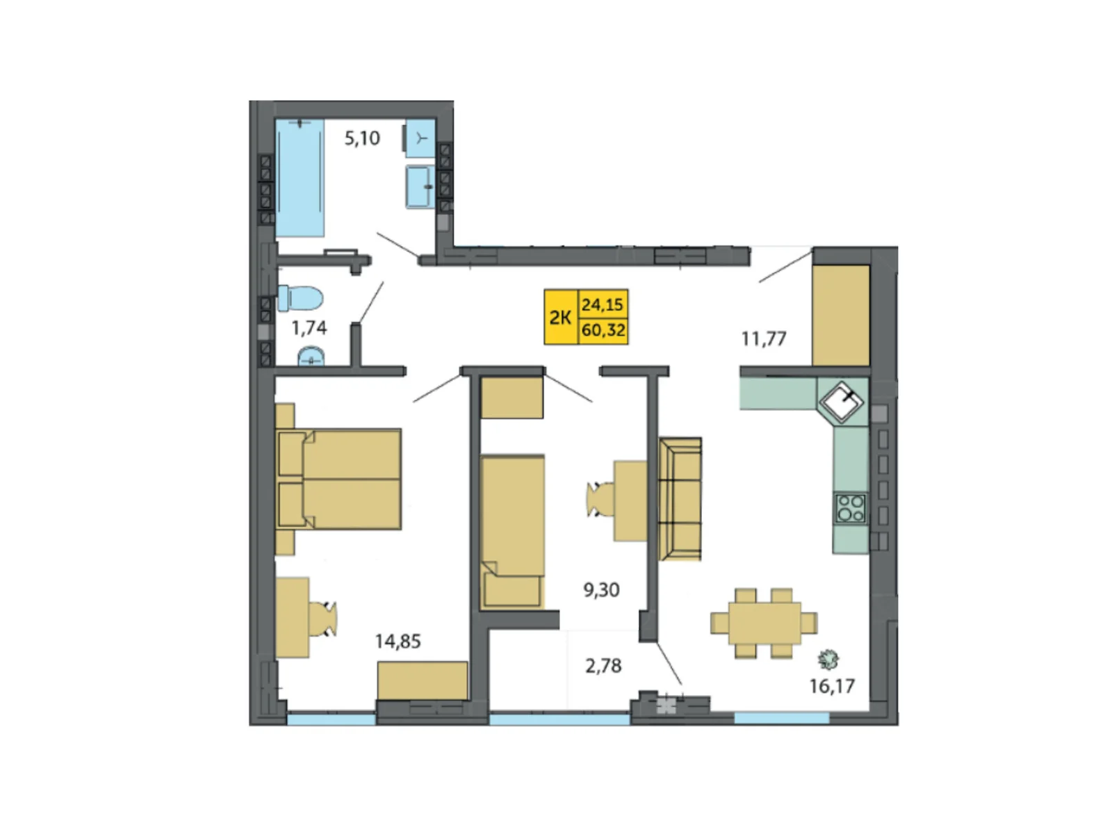 Продается 2-комнатная квартира 60.32 кв. м в Струмовке, ул. Парковая, 72 - фото 1