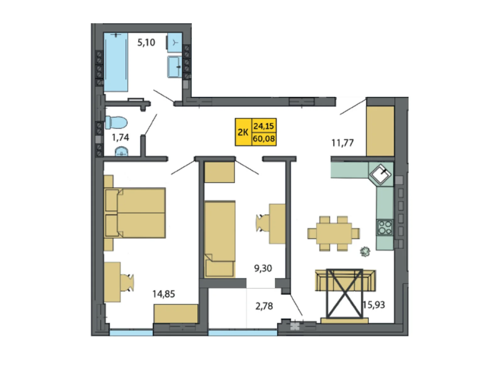 Продается 2-комнатная квартира 60.08 кв. м в Струмовке, ул. Парковая, 72 - фото 1