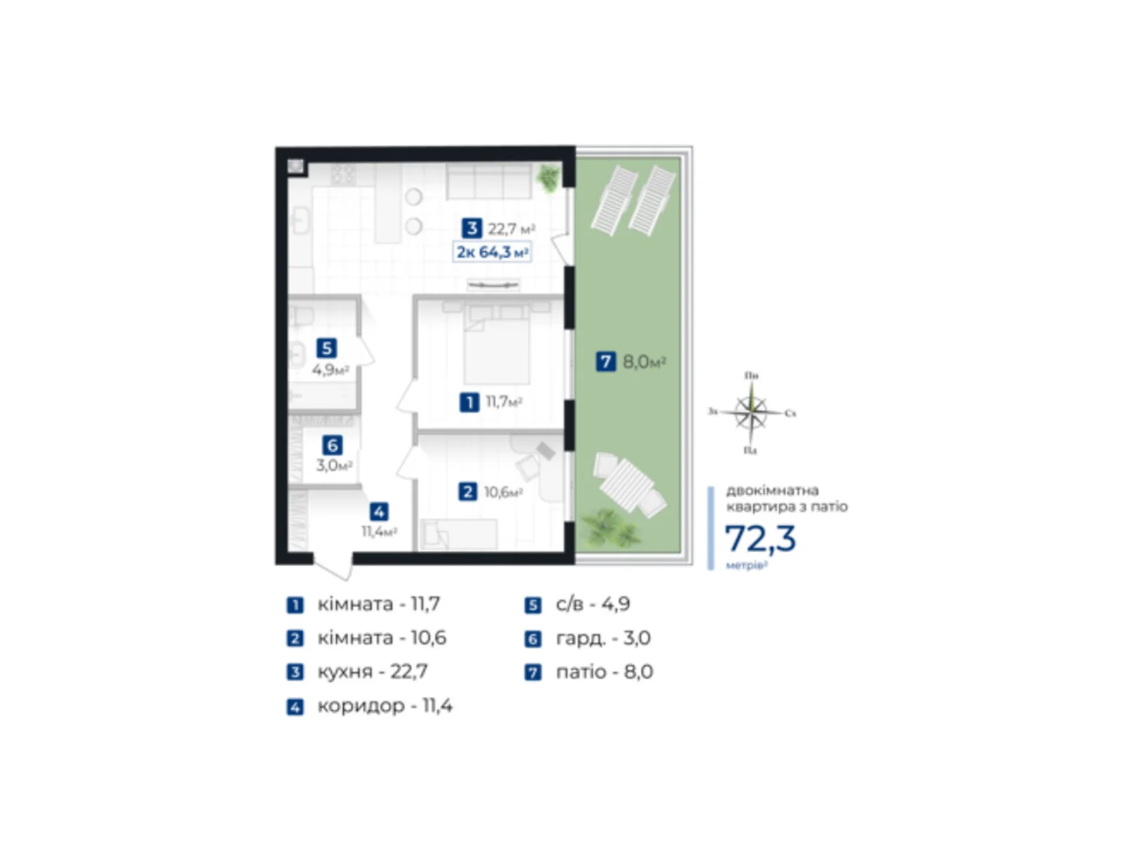 Продается 2-комнатная квартира 72.3 кв. м в Ивано-Франковске, ул. Коновальца Евгения, 1 - фото 1