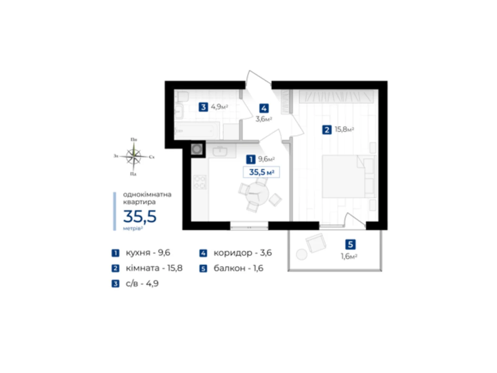 Продается 1-комнатная квартира 35.5 кв. м в Ивано-Франковске, цена: 30175 $ - фото 1