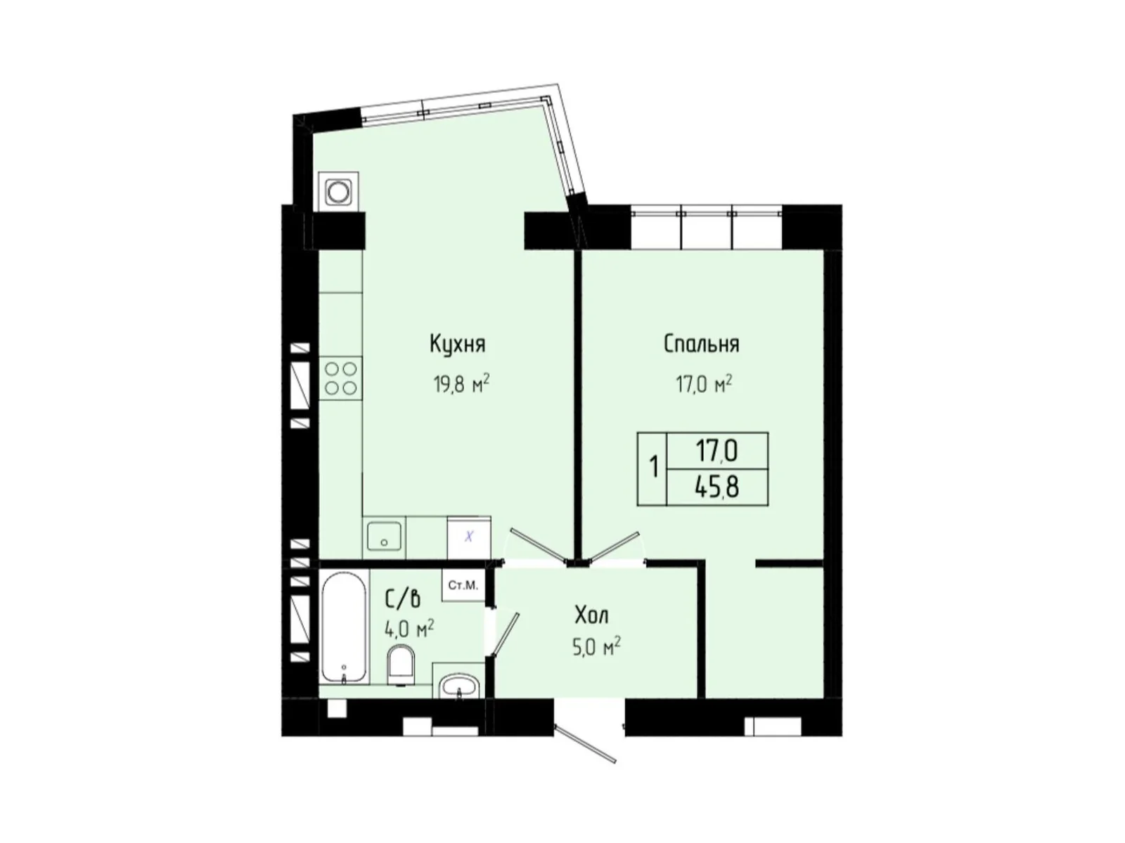 Продается 1-комнатная квартира 45.8 кв. м в Хмельницком, ул. Панаса Мирного, 9 - фото 1