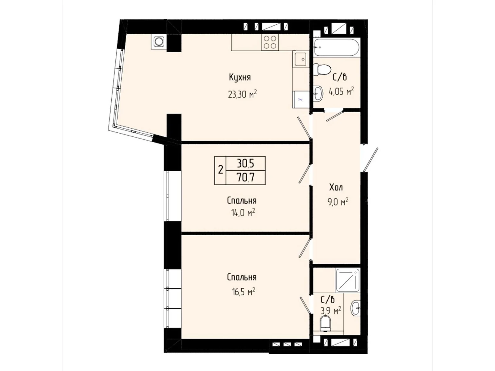 Продается 2-комнатная квартира 70.7 кв. м в Хмельницком, цена: 57828 $ - фото 1