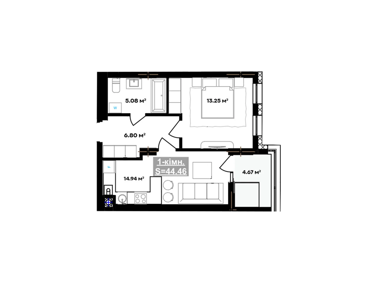Продается 1-комнатная квартира 44.46 кв. м в Ивано-Франковске, ул. Национальной Гвардии, 14С - фото 1
