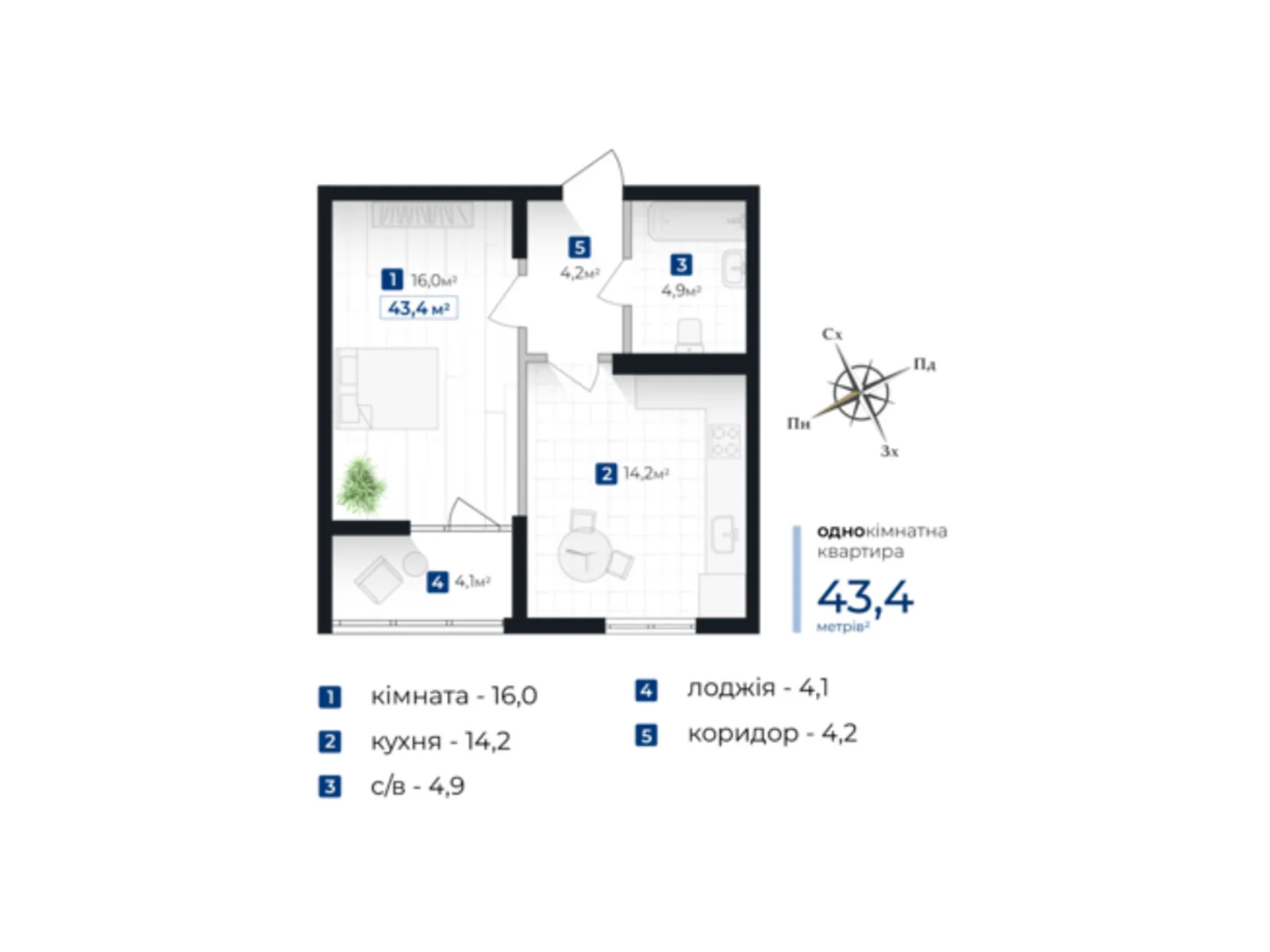 Продається 1-кімнатна квартира 43.4 кв. м у Івано-Франківську, цена: 38192 $ - фото 1