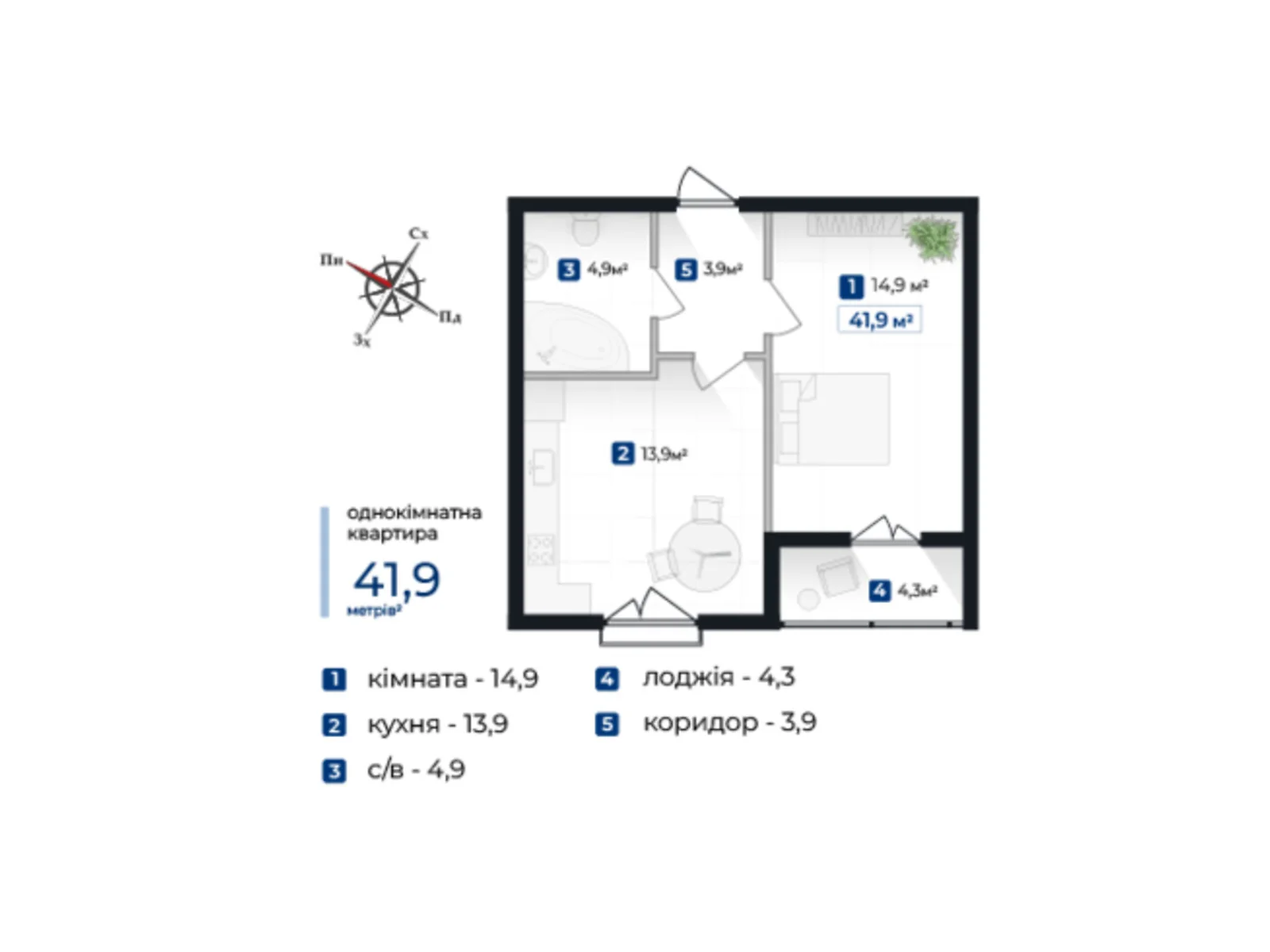 Продается 1-комнатная квартира 41.9 кв. м в Ивано-Франковске, цена: 36034 $ - фото 1