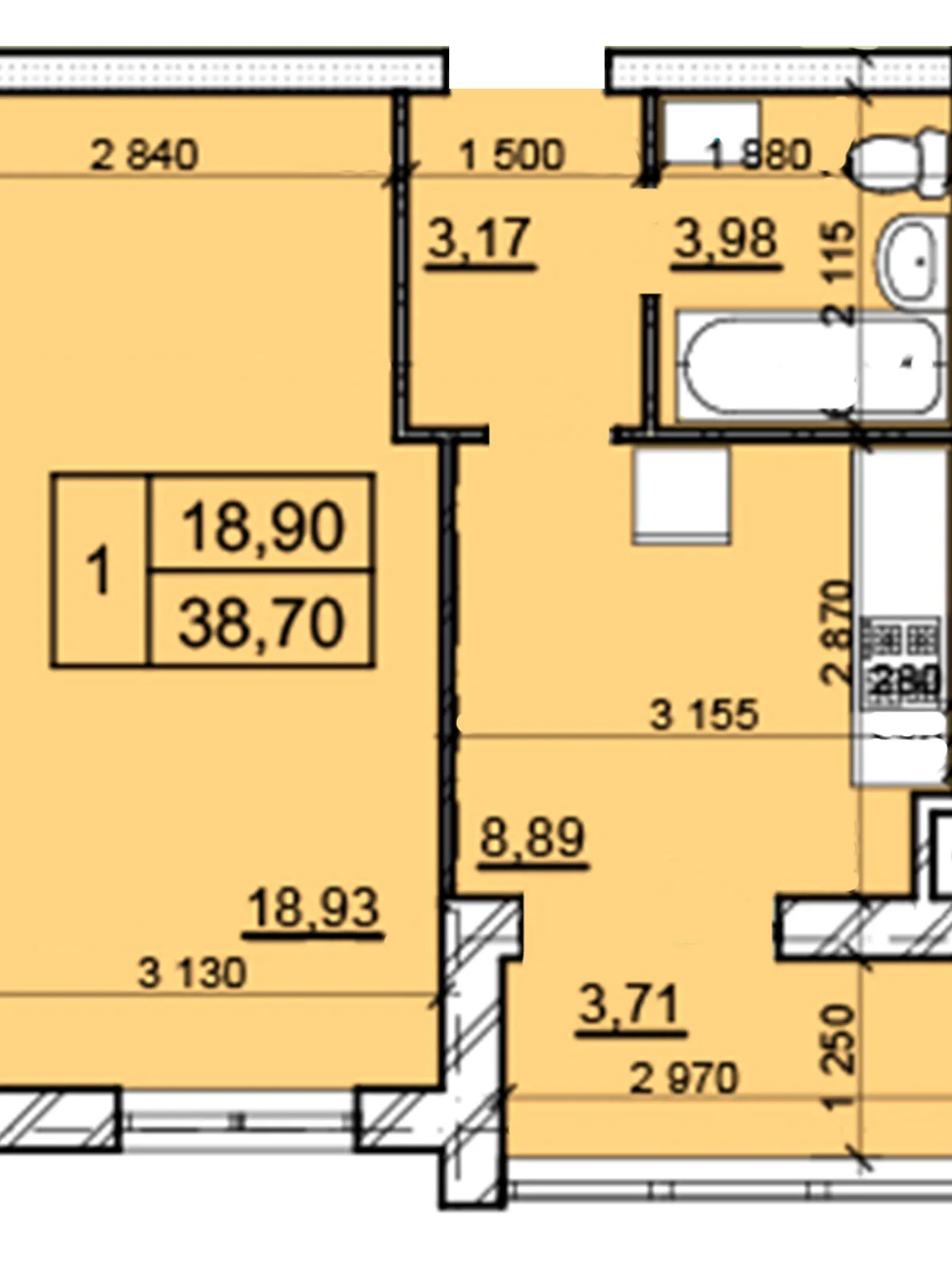 Продается 1-комнатная квартира 38.7 кв. м в Хмельницком, цена: 1025550 грн - фото 1