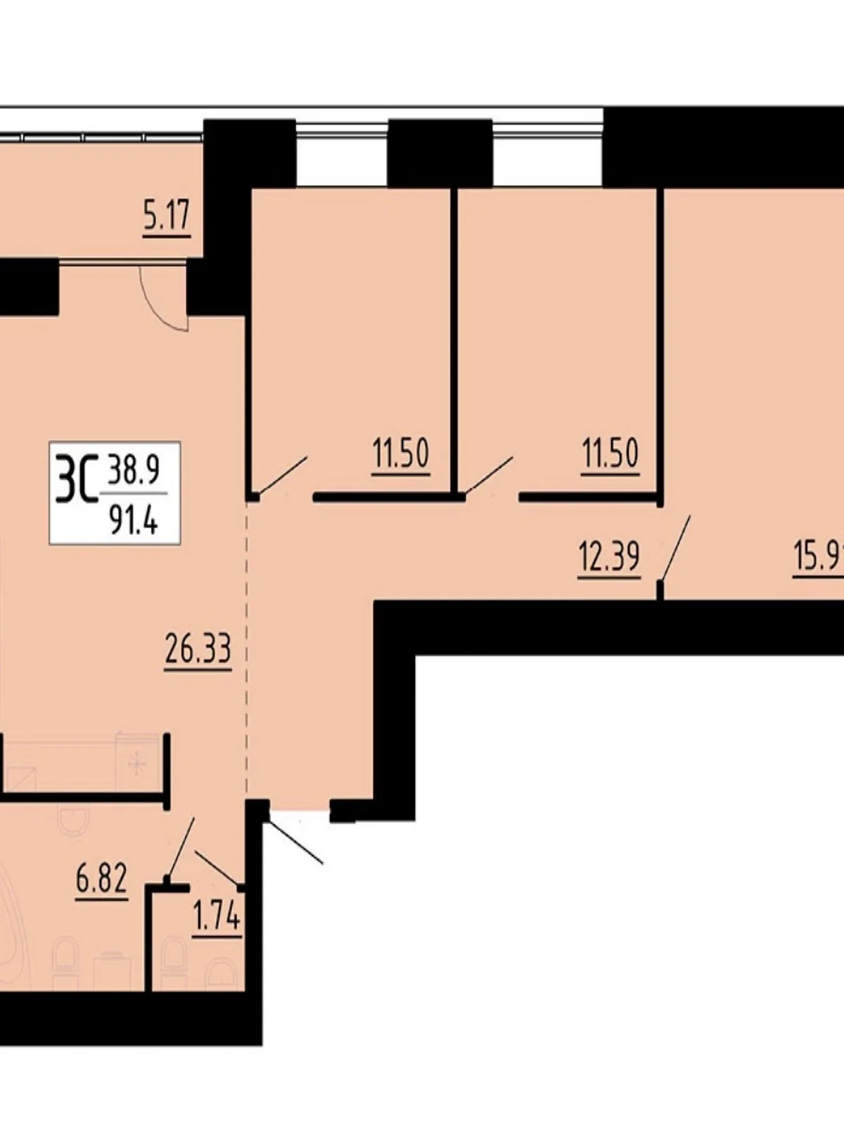 3-комнатная квартира 91.4 кв. м в Тернополе, ул. Академика Сергея Королева, 7Б - фото 1
