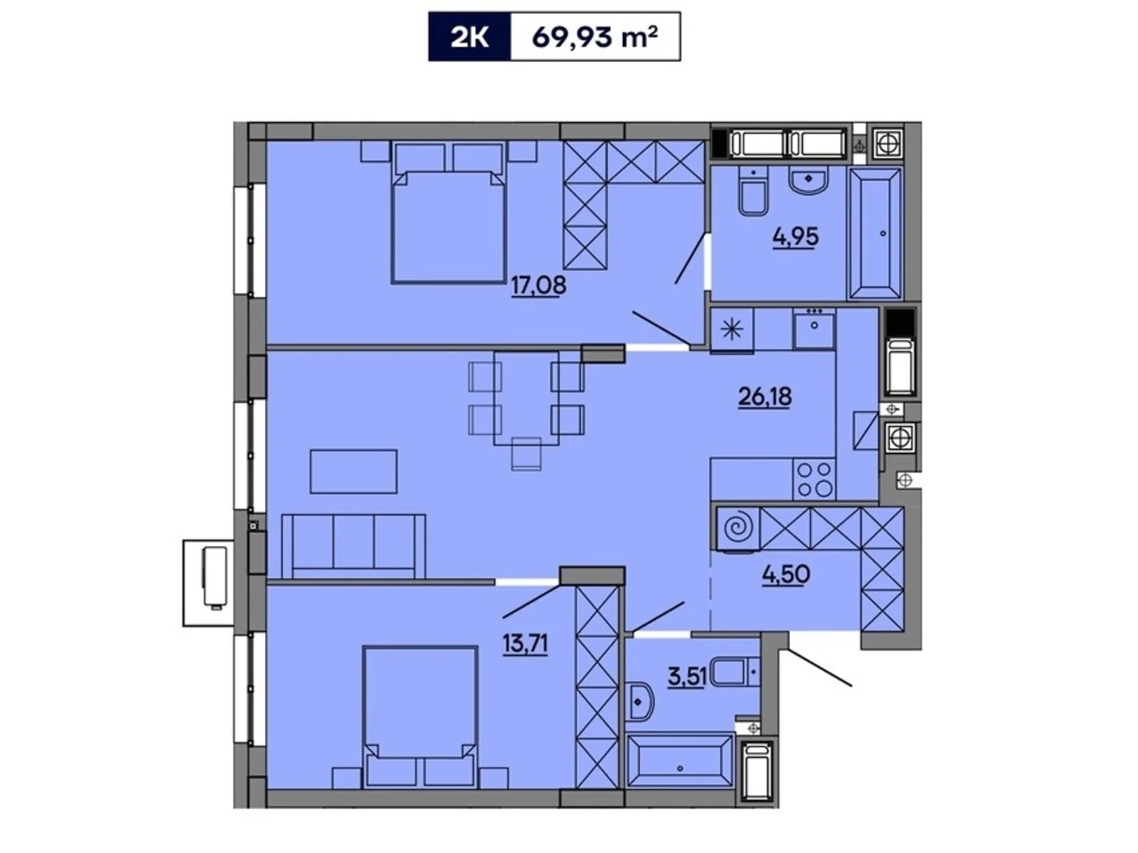 Продається 2-кімнатна квартира 69.93 кв. м у Львові, вул. Миколайчука, 17 - фото 1