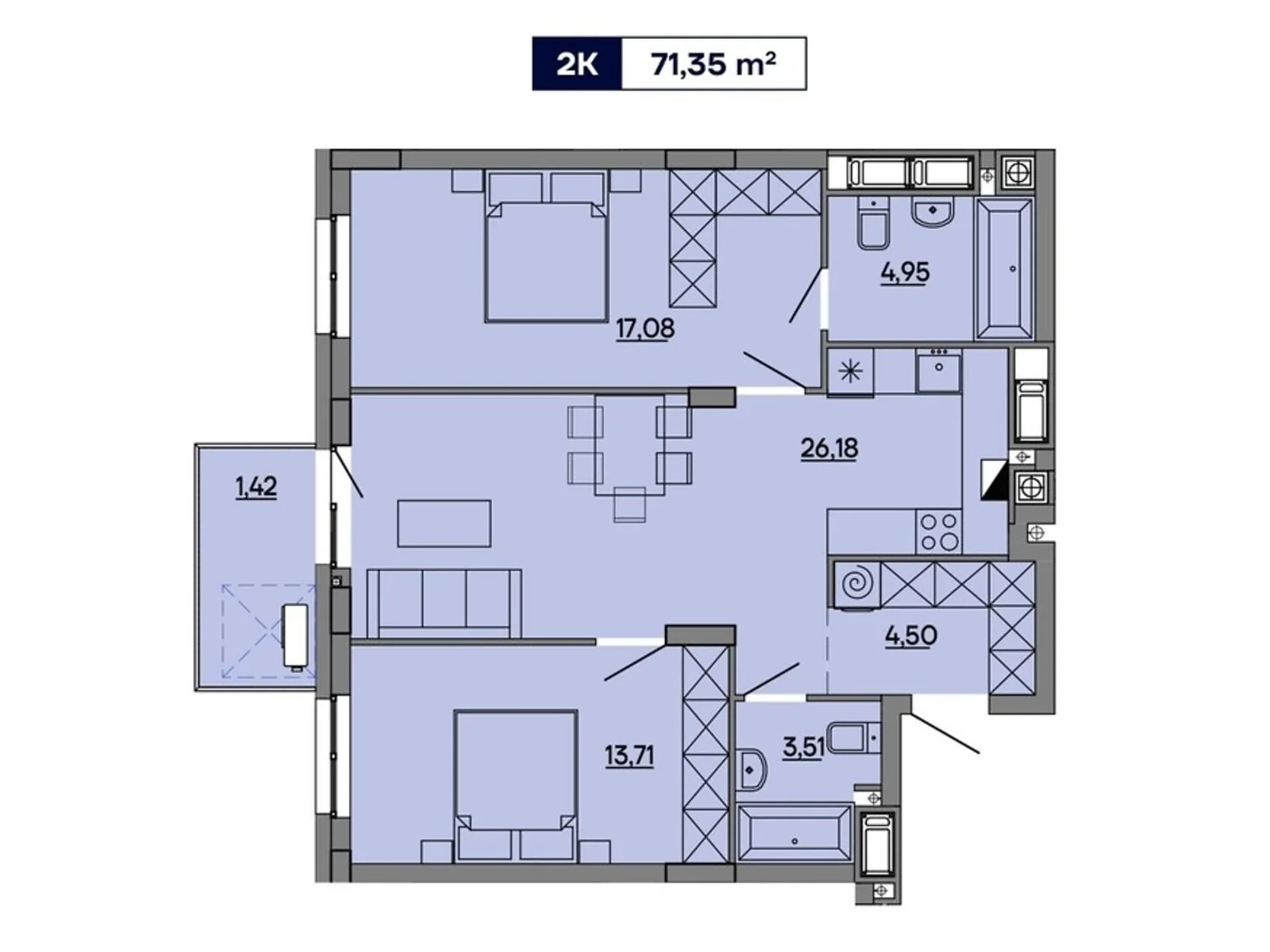 Продається 2-кімнатна квартира 71.35 кв. м у Львові, вул. Миколайчука, 17 - фото 1