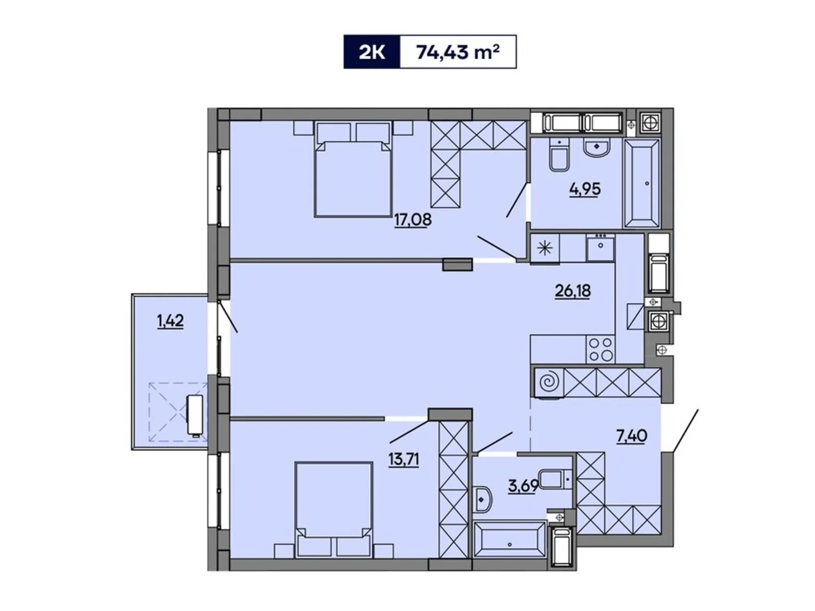 Продається 2-кімнатна квартира 74.43 кв. м у Львові, вул. Миколайчука, 17 - фото 1