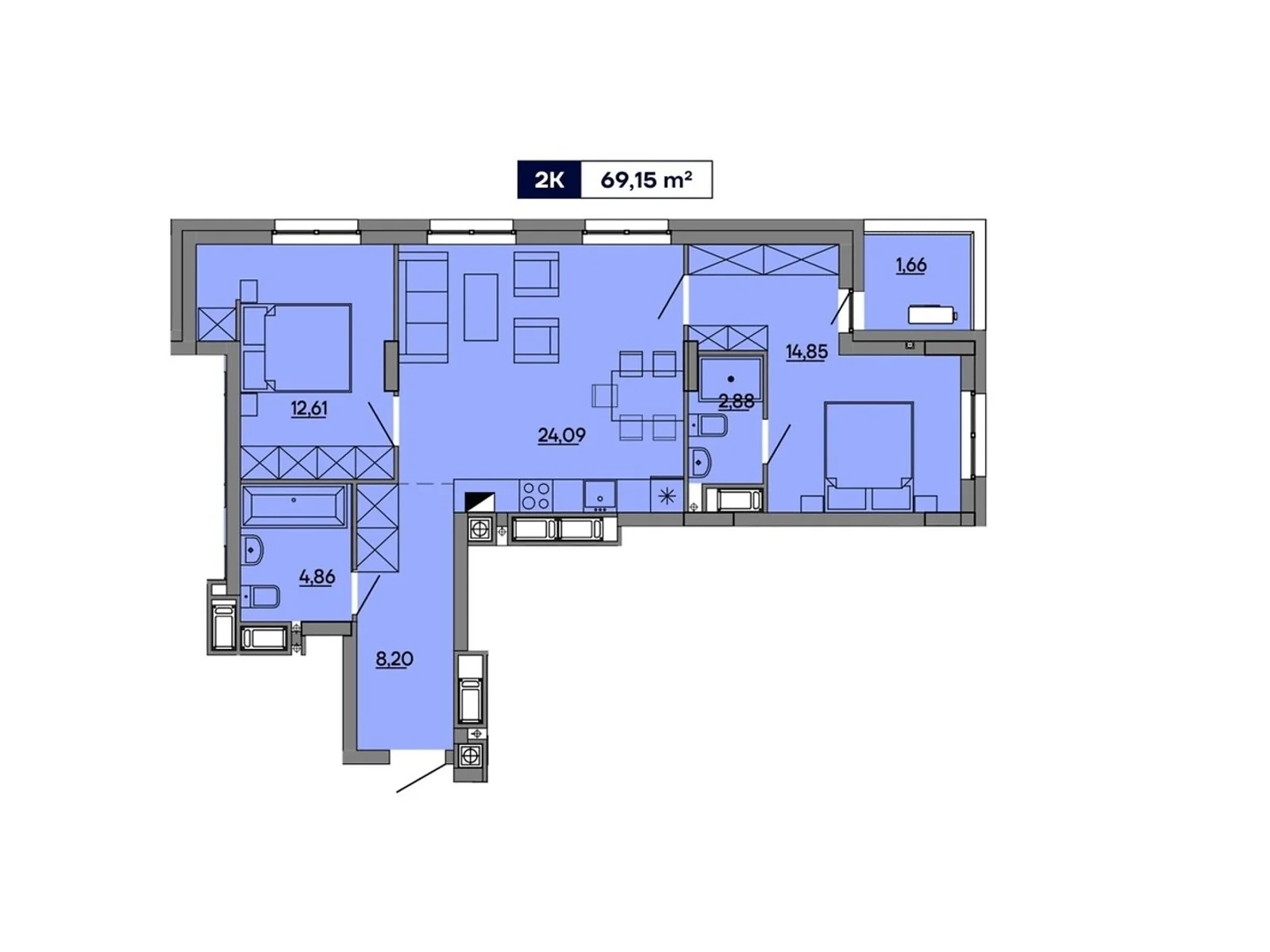Продается 2-комнатная квартира 69.15 кв. м в Львове, ул. Миколайчука, 17 - фото 1