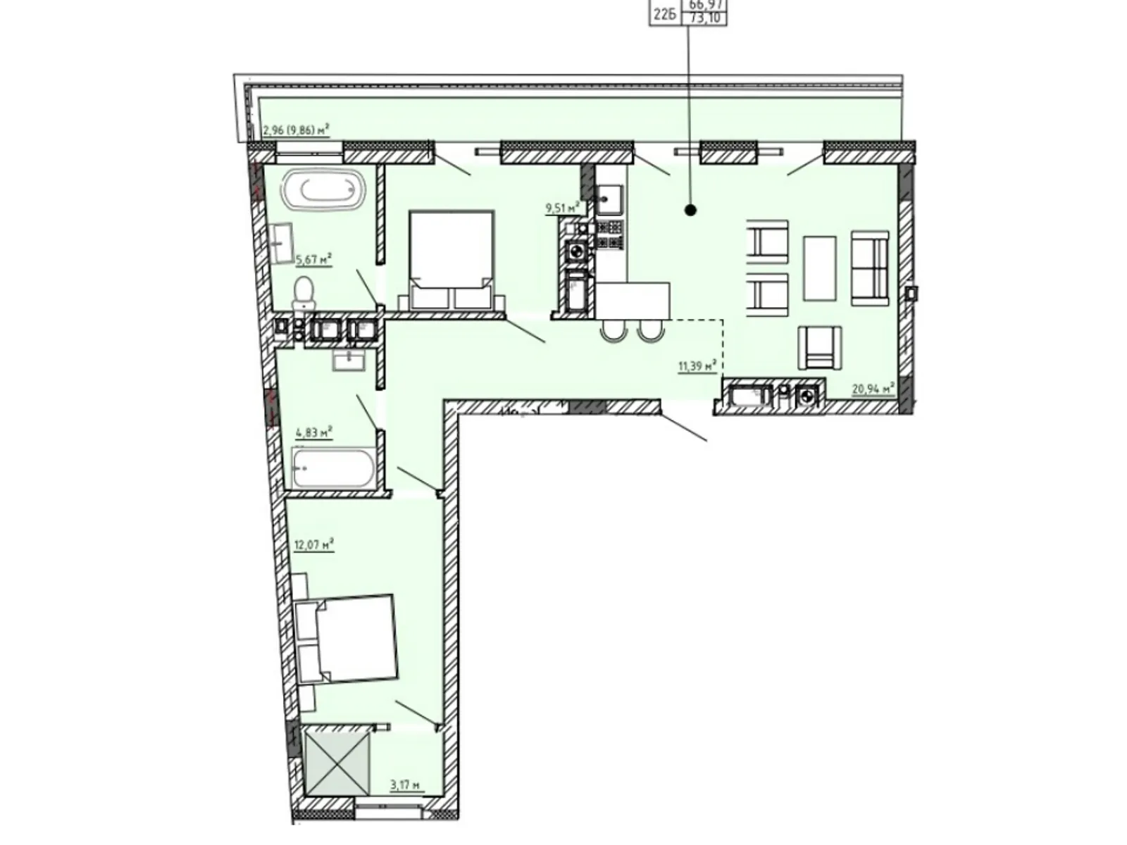 Продається 2-кімнатна квартира 73.1 кв. м у  - фото 2