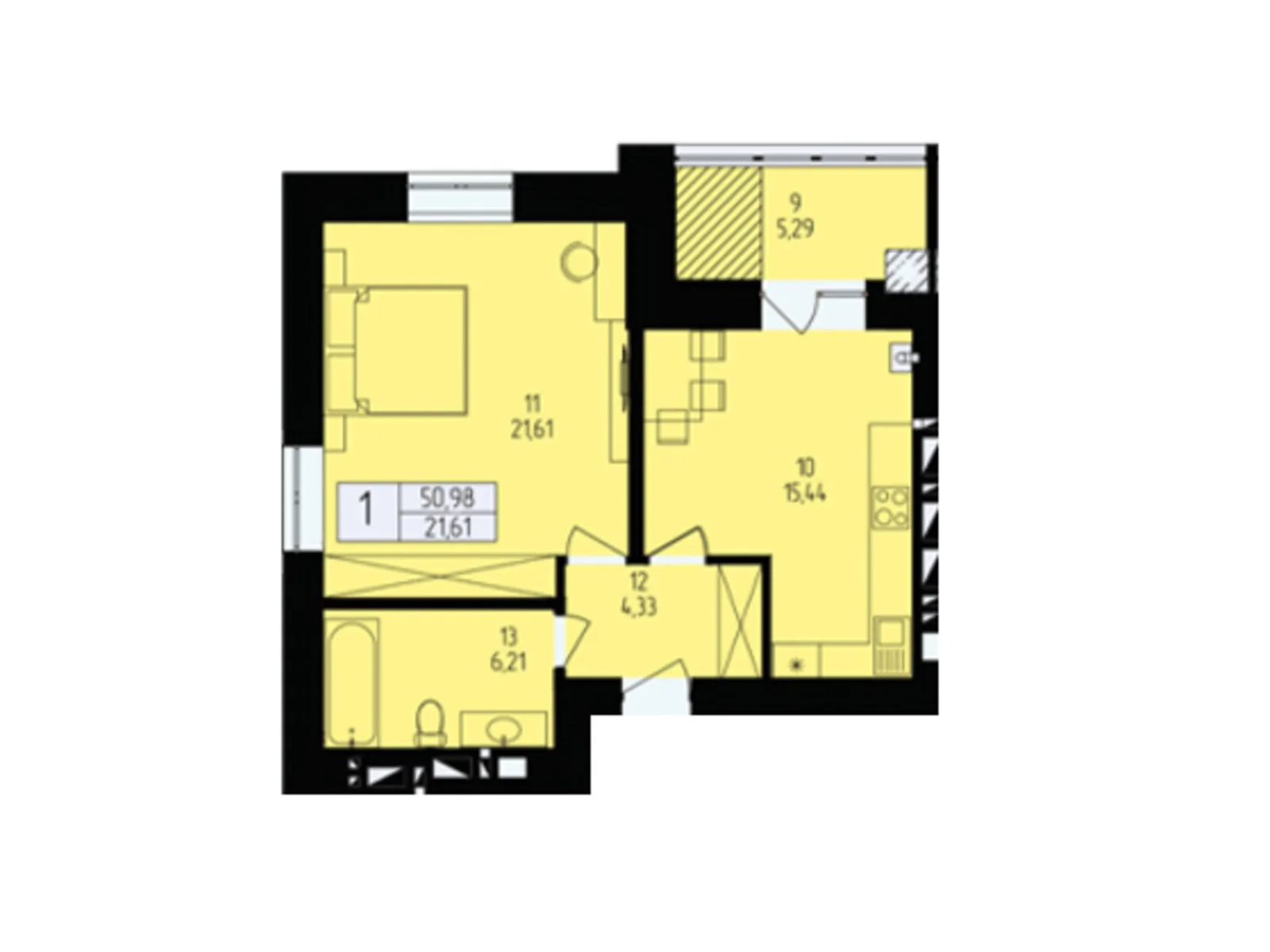 Продается 1-комнатная квартира 50.98 кв. м в Хмельницком, ул. Озерная, 6/1 - фото 1