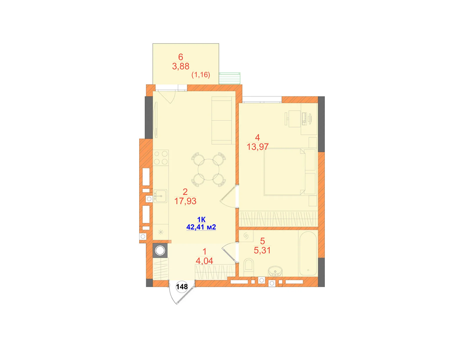 Продается 1-комнатная квартира 42.41 кв. м в Черновцах, ул. Олексы Алмазова(Кутузова Михаила фельдмаршала), 4 - фото 1