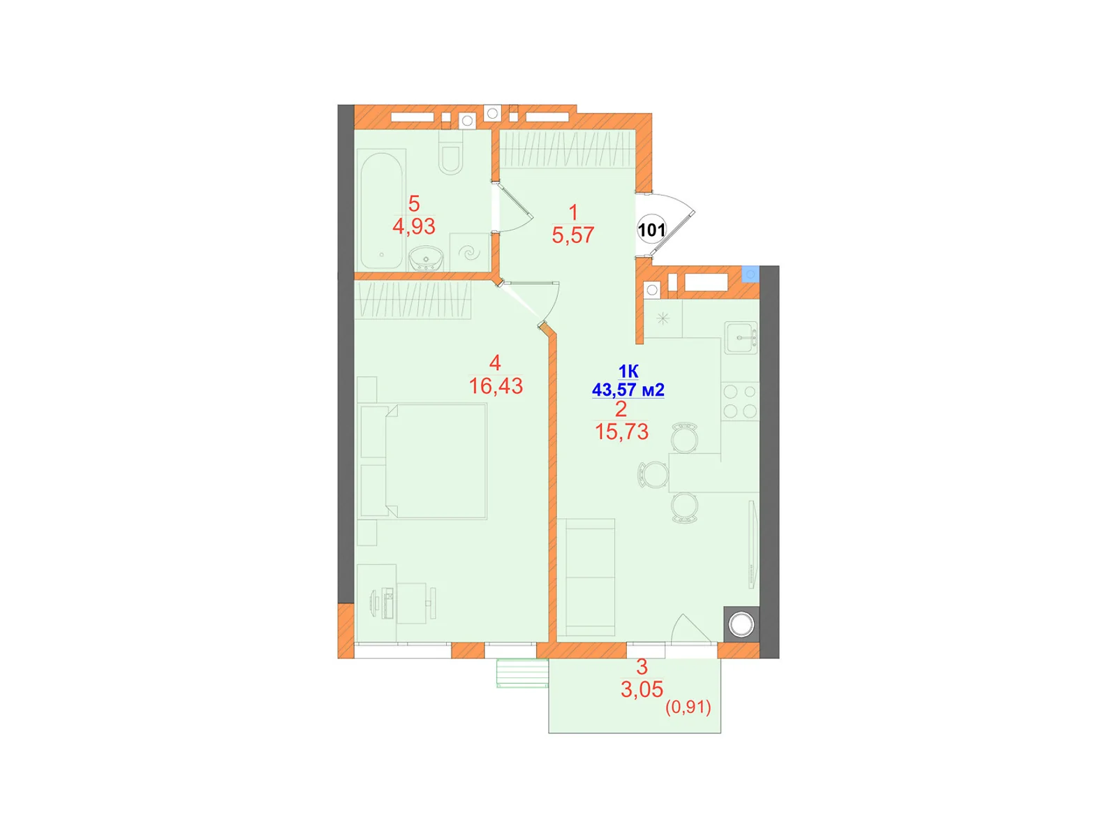 Продается 1-комнатная квартира 43.57 кв. м в Черновцах, ул. Олексы Алмазова(Кутузова Михаила фельдмаршала), 4 - фото 1
