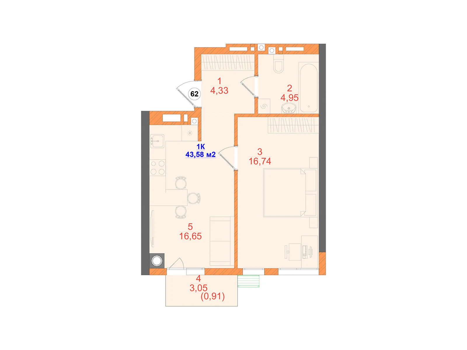 Продается 1-комнатная квартира 43.58 кв. м в Черновцах, ул. Олексы Алмазова(Кутузова Михаила фельдмаршала), 4 - фото 1