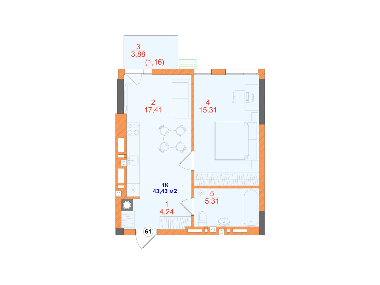 Продается 1-комнатная квартира 43.43 кв. м в Черновцах, ул. Олексы Алмазова(Кутузова Михаила фельдмаршала), 4 - фото 1