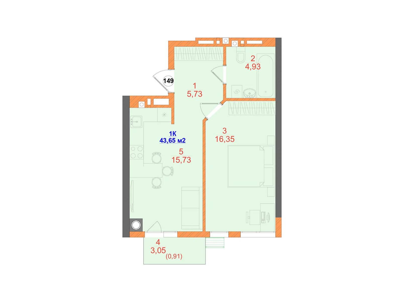 Продается 1-комнатная квартира 43.65 кв. м в Черновцах, ул. Олексы Алмазова(Кутузова Михаила фельдмаршала), 4 - фото 1