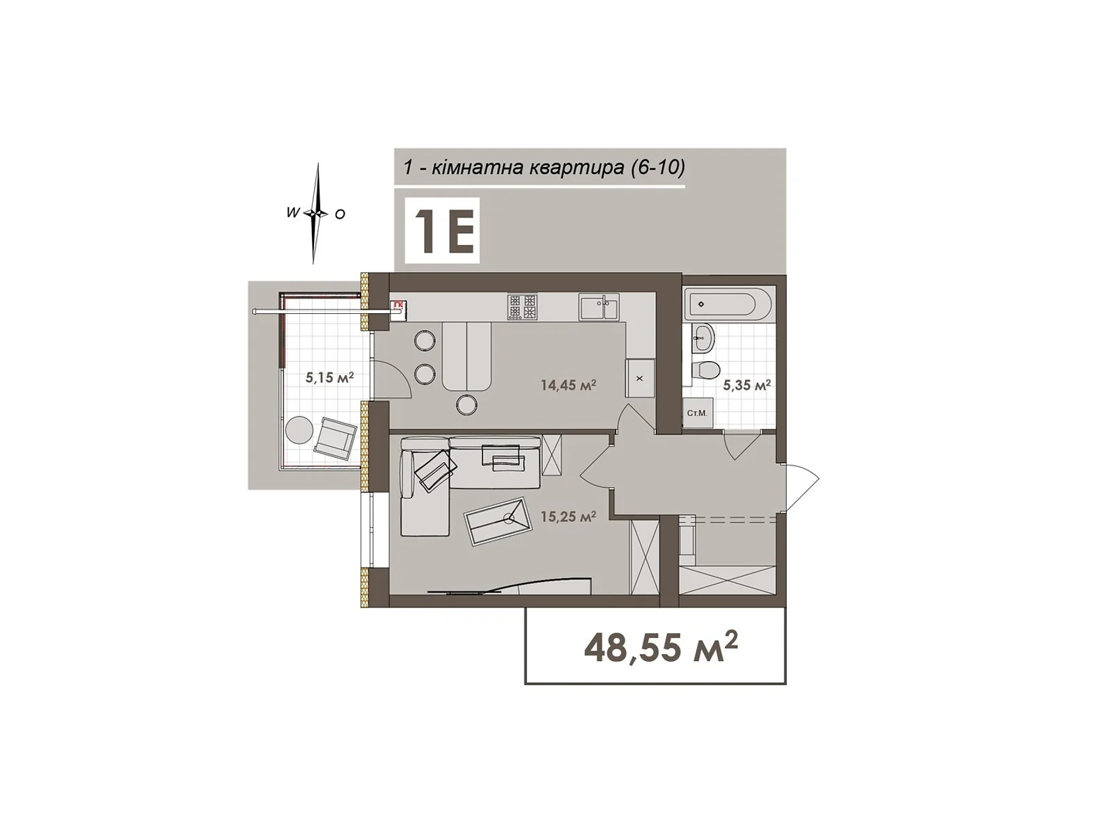 Продается 1-комнатная квартира 48.55 кв. м в Виннице, ул. Стрелецкая, 23 - фото 1