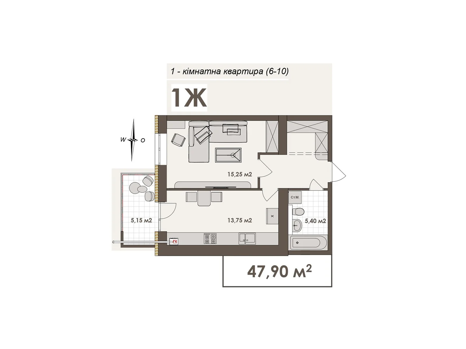 Продается 1-комнатная квартира 47.9 кв. м в Виннице, ул. Стрелецкая, 23 - фото 1