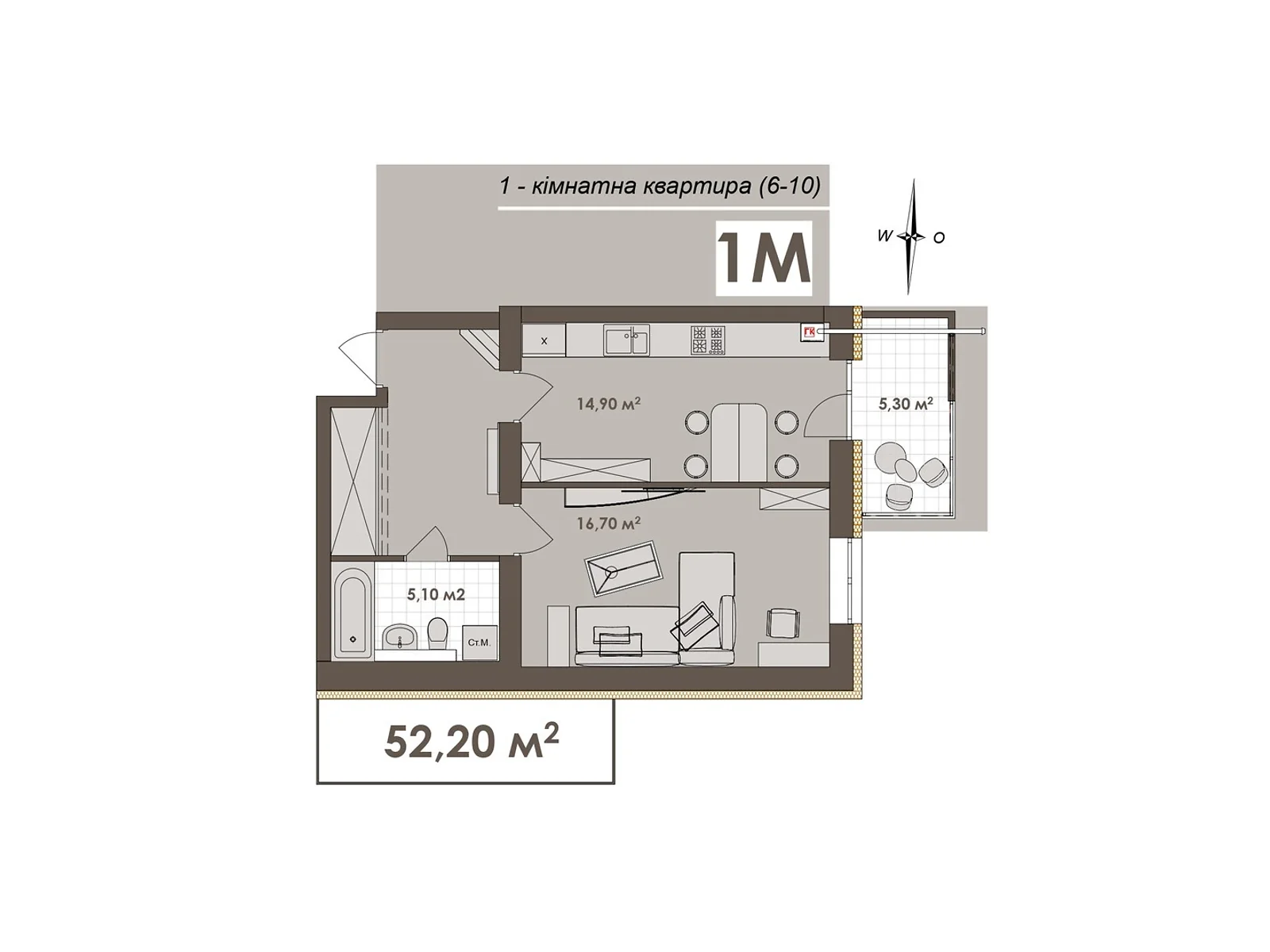 Продается 1-комнатная квартира 52.2 кв. м в Виннице, ул. Стрелецкая, 23 - фото 1