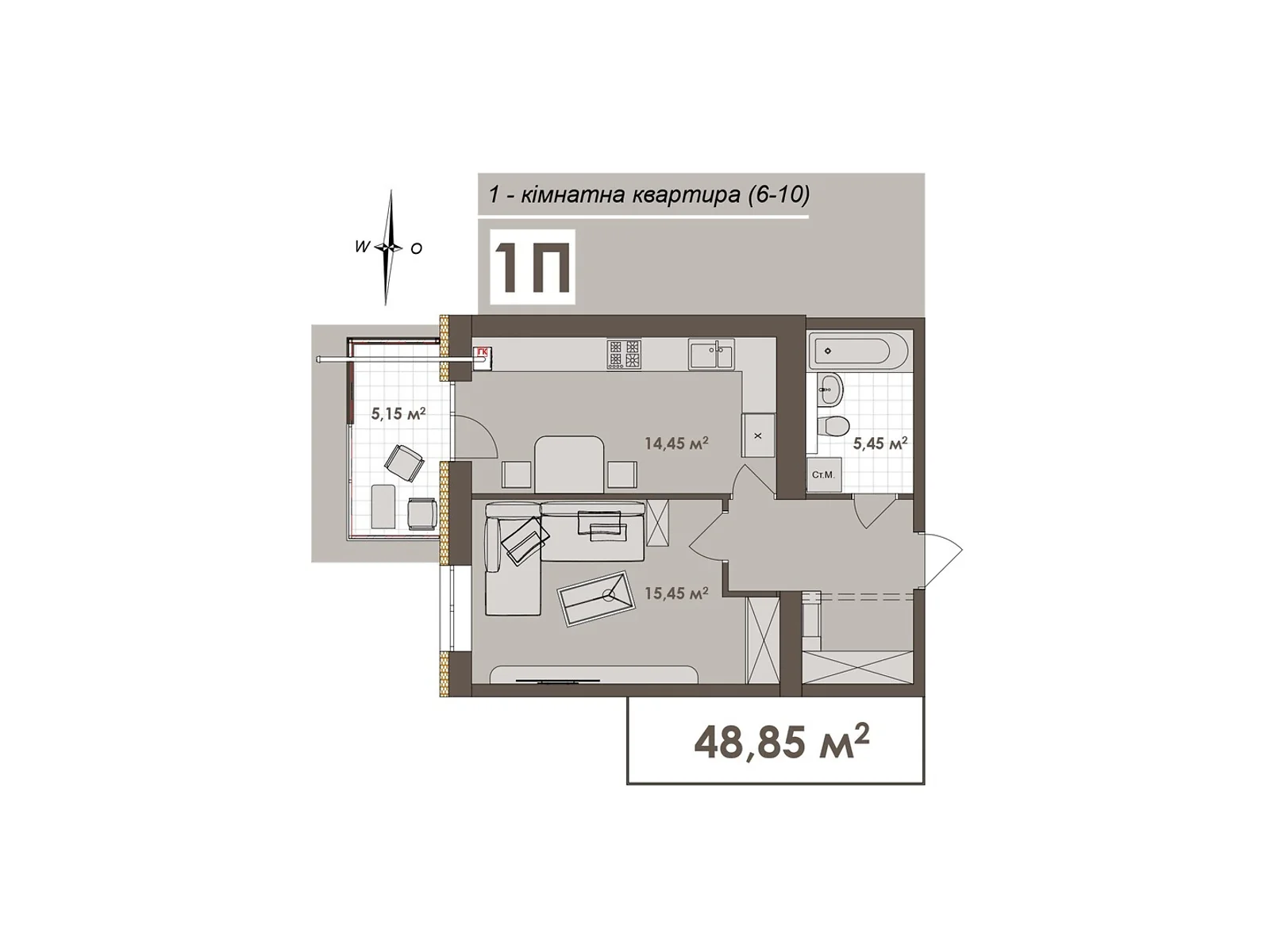 Продается 1-комнатная квартира 48.85 кв. м в Виннице, ул. Стрелецкая, 23 - фото 1