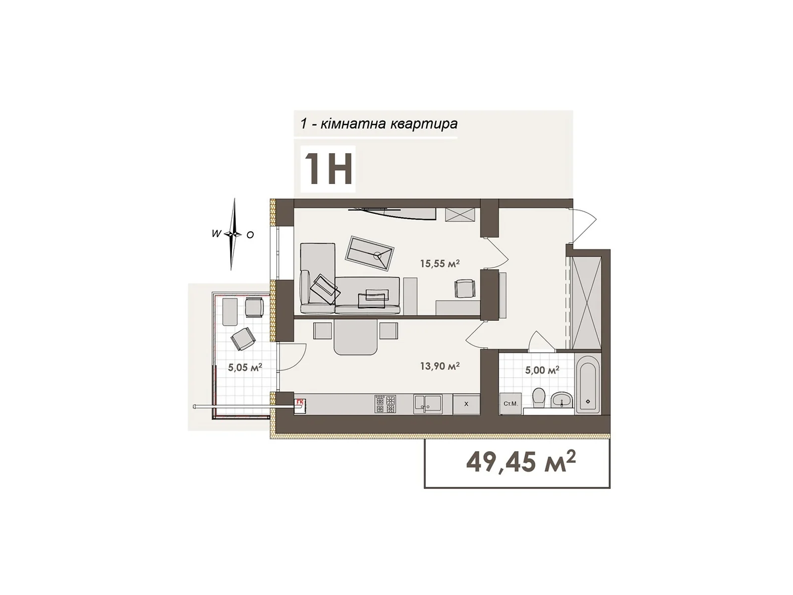 Продається 1-кімнатна квартира 49.45 кв. м у Вінниці, вул. Стрілецька, 23 - фото 1