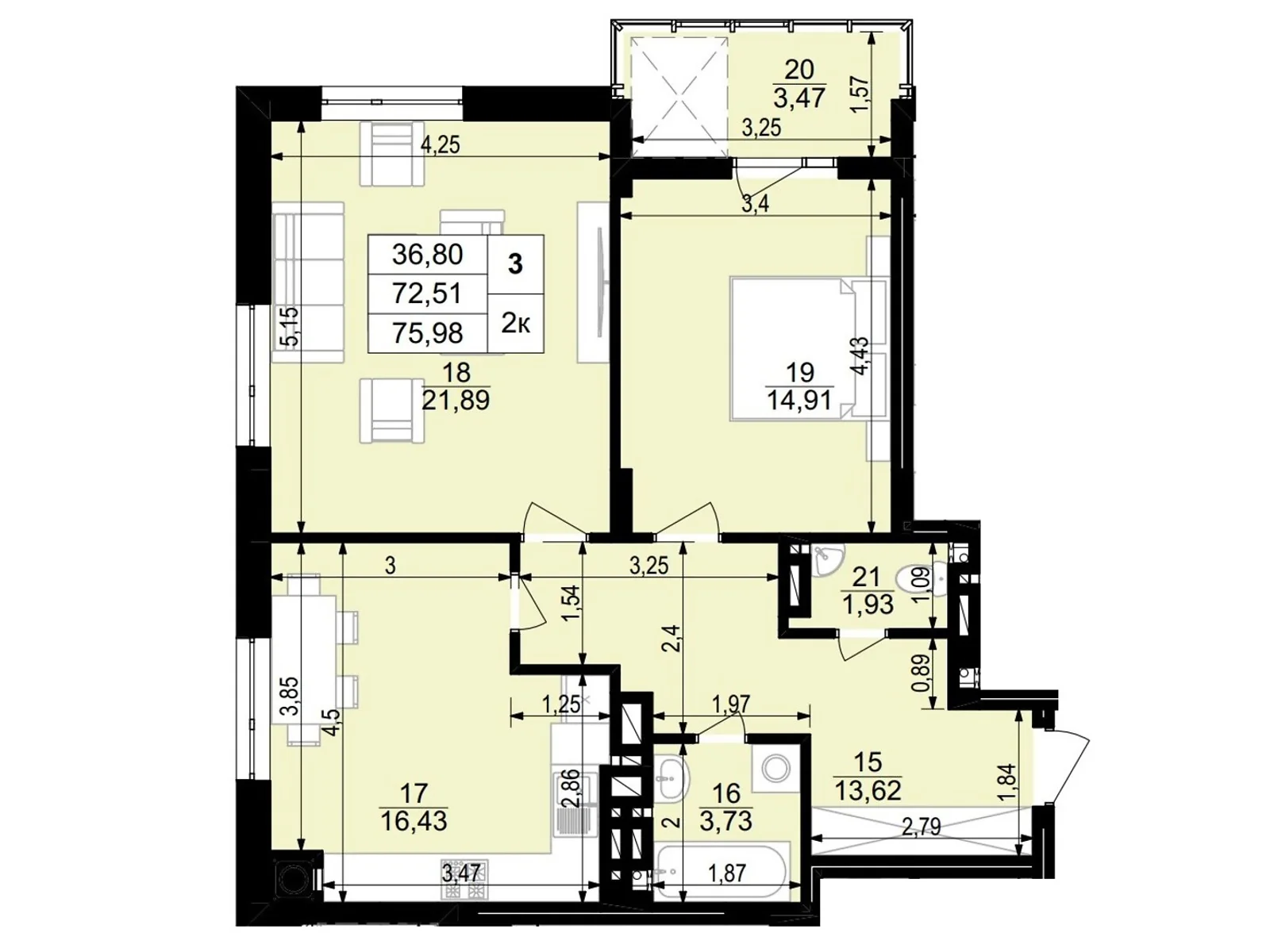 2-комнатная квартира 75.84 кв. м в Тернополе, ул. Стецька Ярослава, 20Б - фото 1