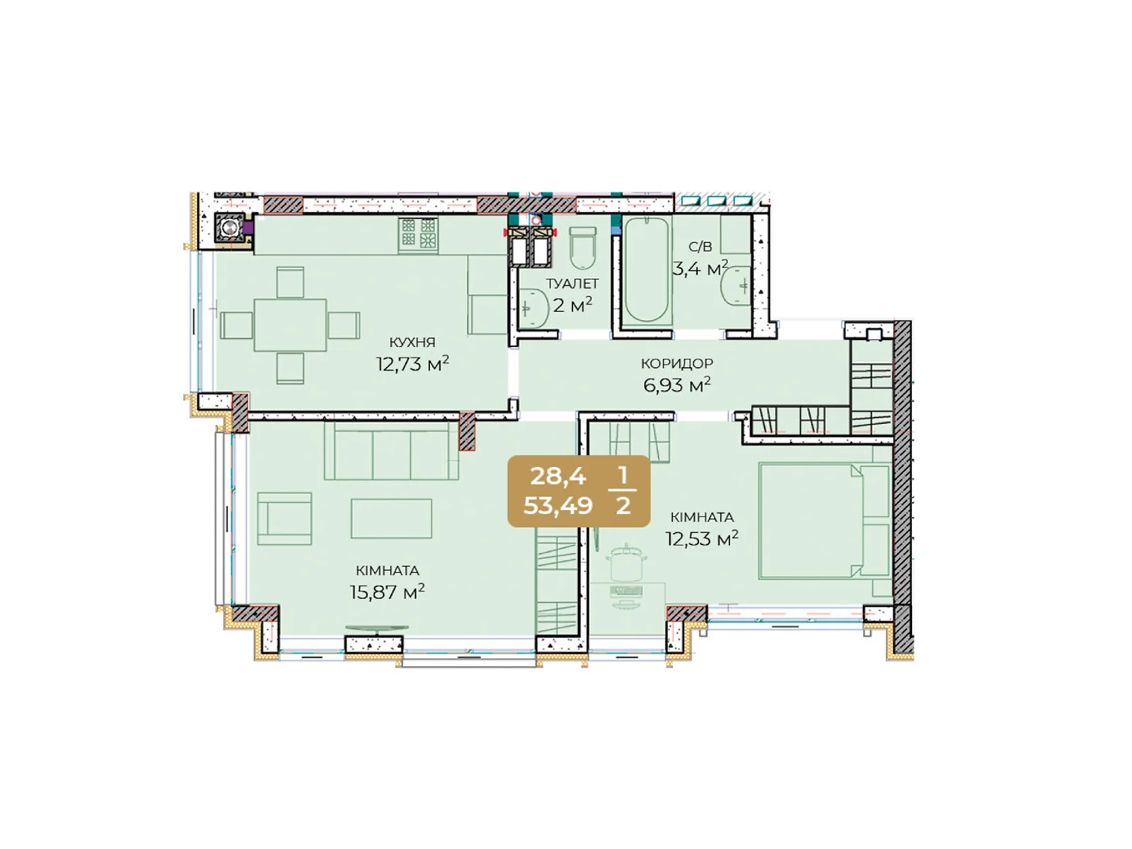 Продається 2-кімнатна квартира 53.49 кв. м у Крюківщині, цена: 47473 $ - фото 1