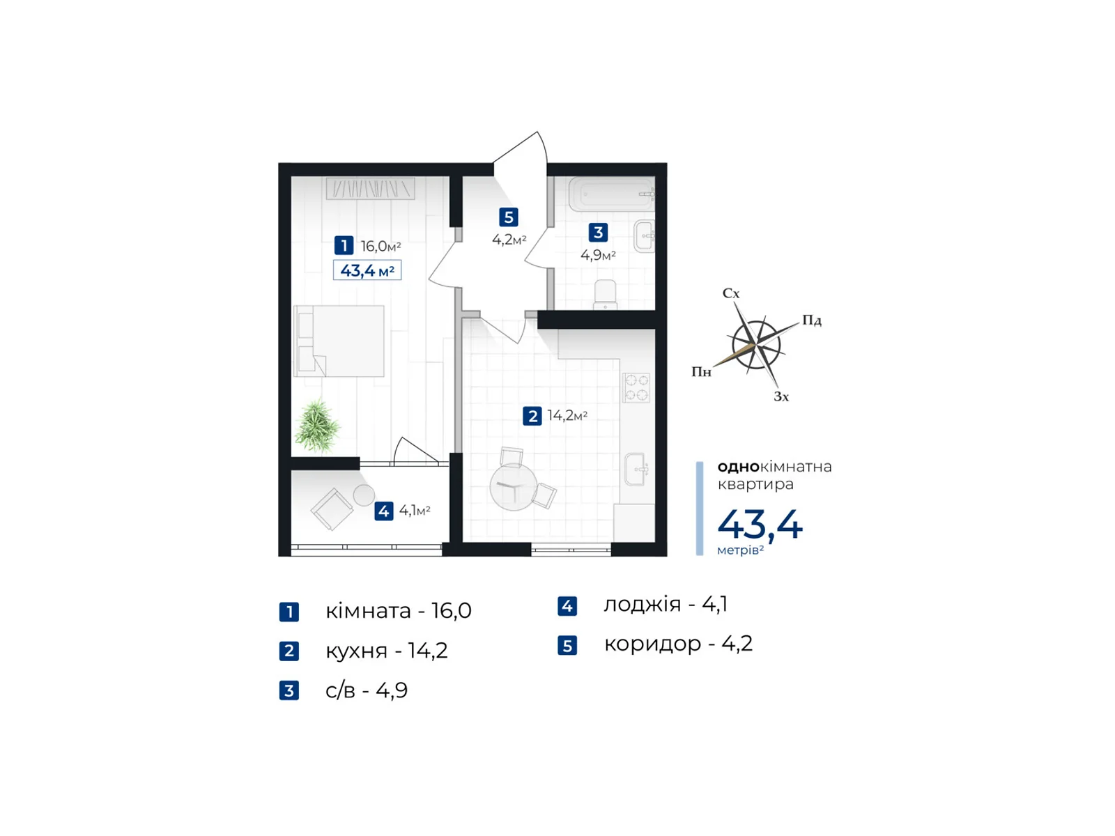 Продается 1-комнатная квартира 43.4 кв. м в Ивано-Франковске, ул. Хоткевича Гната - фото 1