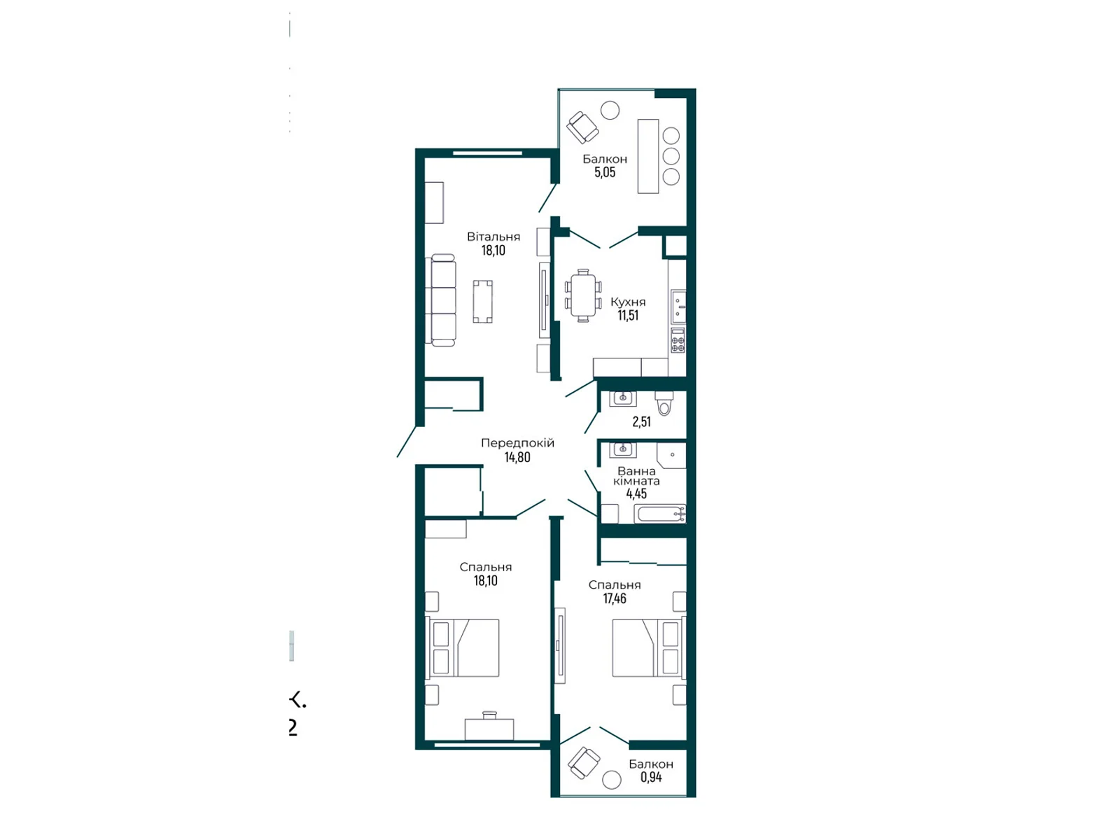 Продается 3-комнатная квартира 92.92 кв. м в Мукачеве, ул. Ужгородская, 165А - фото 1