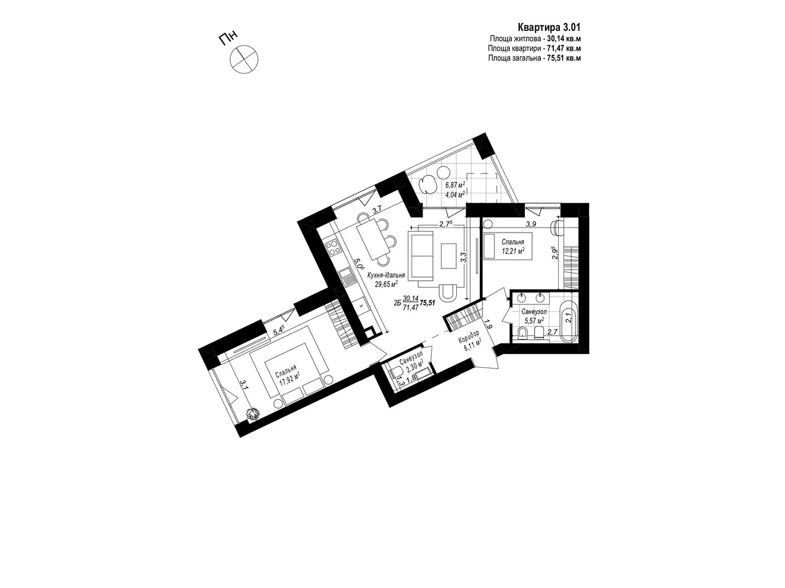 Продается 2-комнатная квартира 75.51 кв. м в Хмельницком, ул. 1-я Отрадная, 1 - фото 1