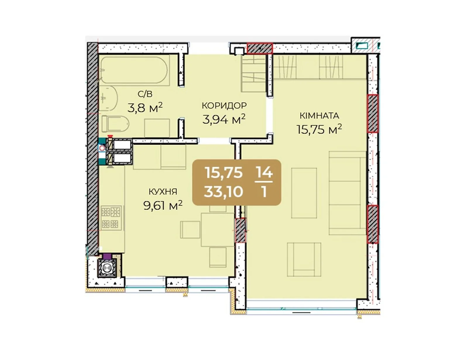 Продается 1-комнатная квартира 33.1 кв. м в Крюковщине, ул. Парковая, 12 - фото 1
