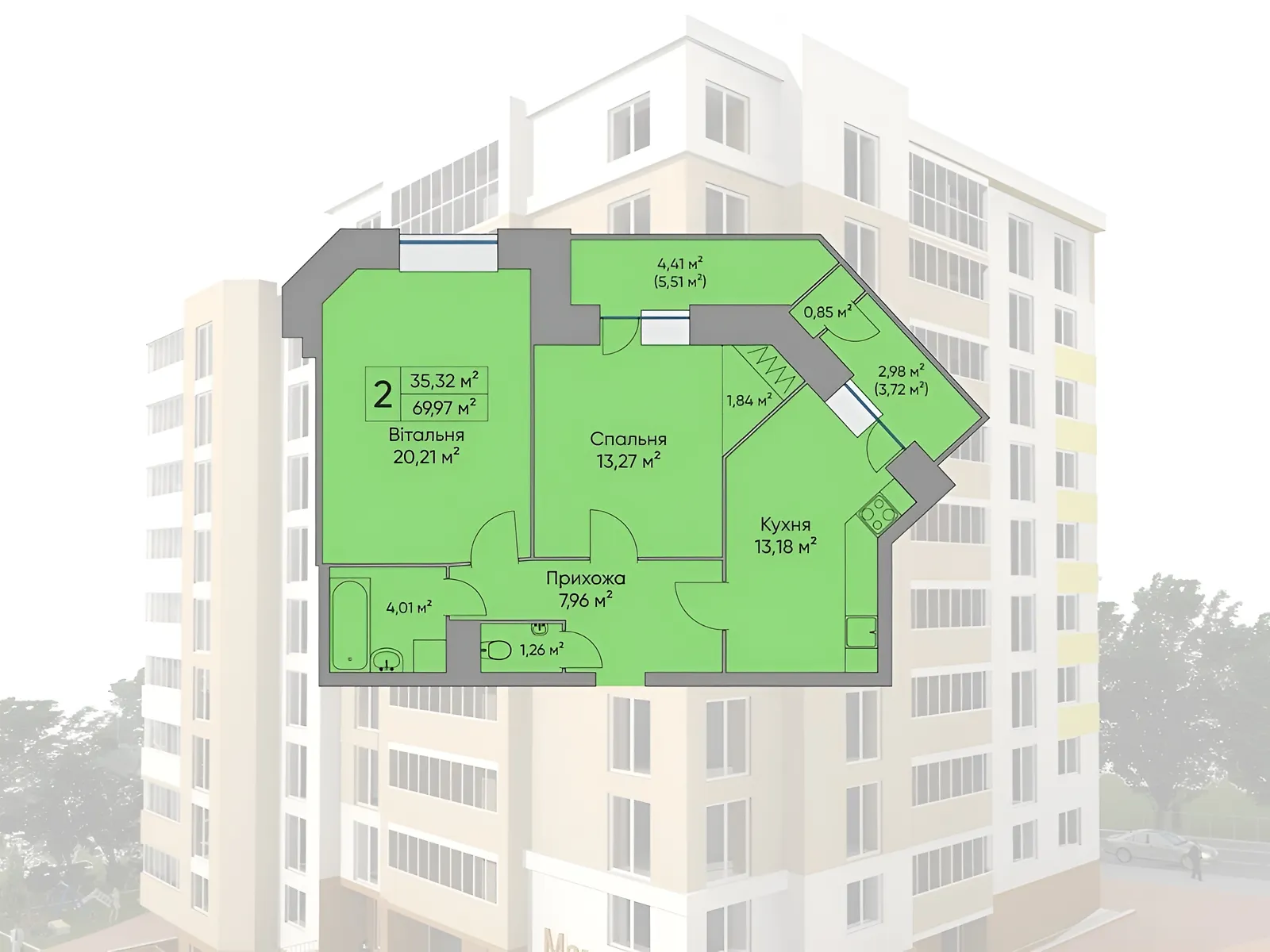 2-комнатная квартира 69.97 кв. м в Тернополе, ул. Довженко Александра - фото 1