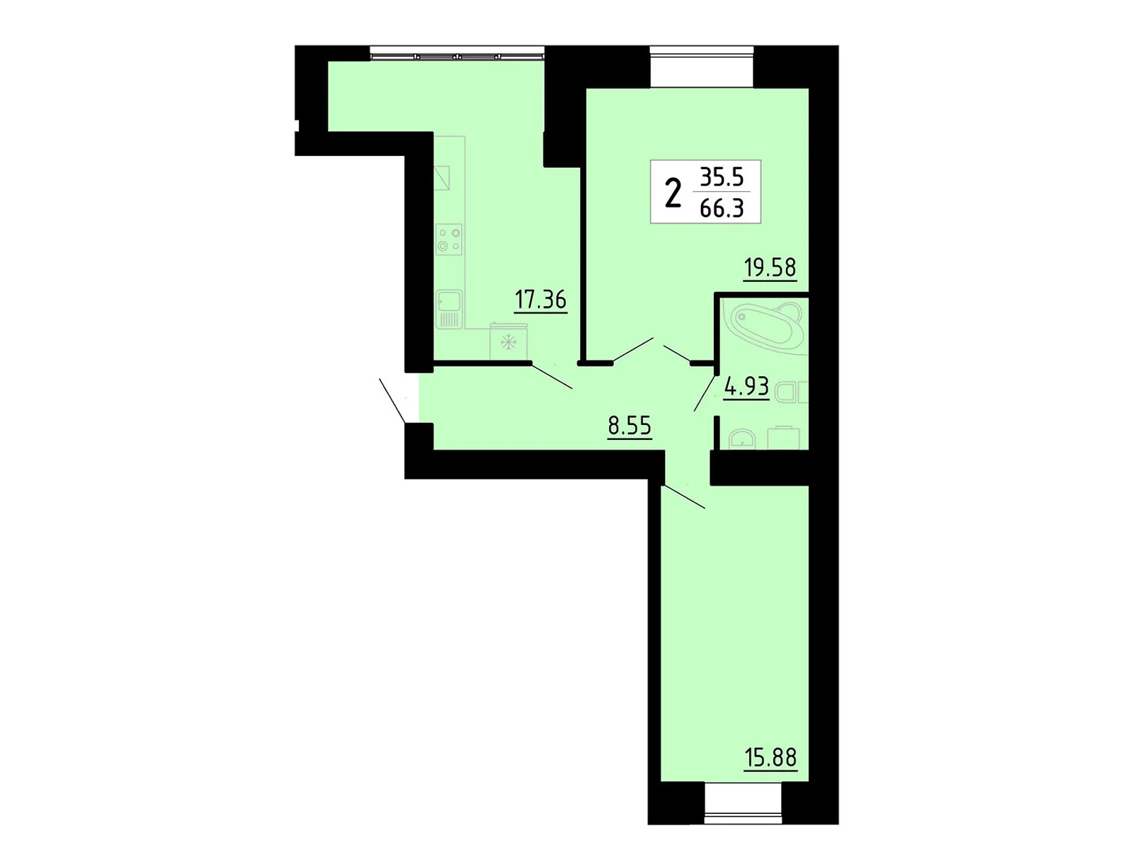 2-комнатная квартира 66.3 кв. м в Тернополе, ул. Боковая Энергетическая, 5 - фото 1